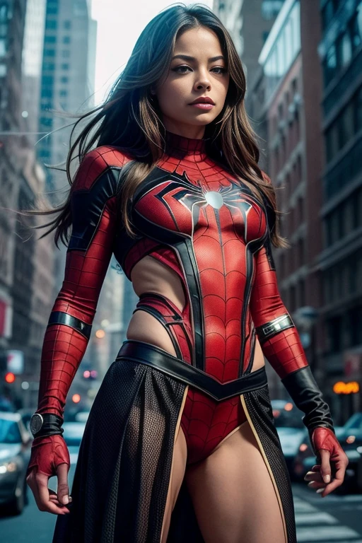 Kristin Kreuk、Sticking out the navel、newyork、She wears a torn Spider-Man suit,wearing skirt、 Red and black color scheme,Dynamic、​masterpiece、top-quality、ultra-detailliert、ighly detailed、beautiful detailed brilliance、超A high resolution