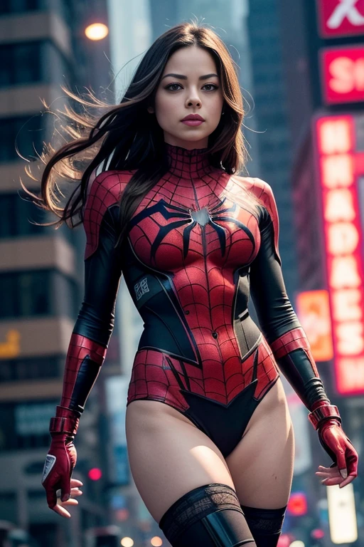 Kristin Kreuk、Sticking out the navel、newyork、She wears a torn Spider-Man suit,wearing skirt、 Red and black color scheme,Dynamic、​masterpiece、top-quality、ultra-detailliert、ighly detailed、beautiful detailed brilliance、超A high resolution