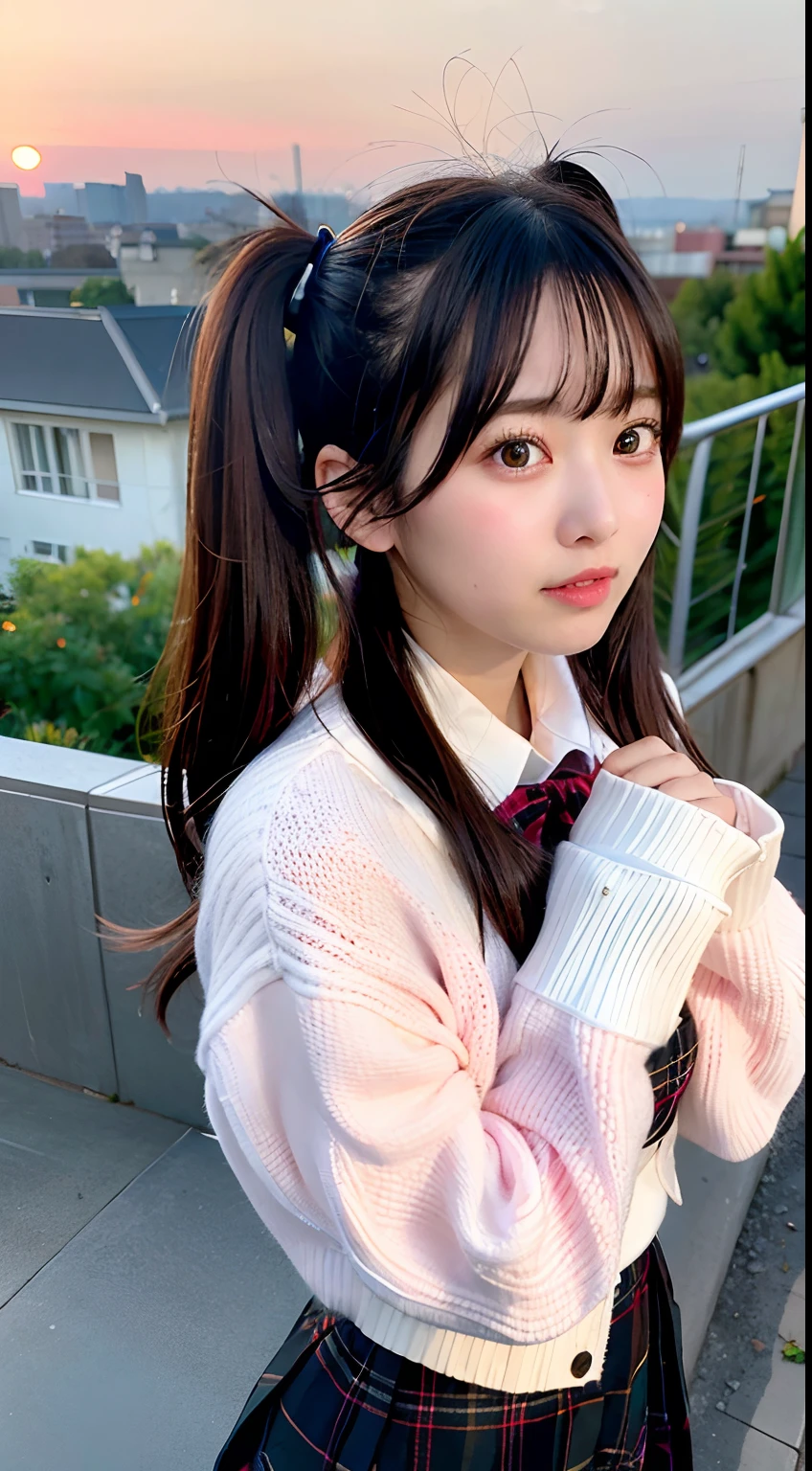 absurdres, absolutely resolution, incredibly absurdres, highres, ultra detailed, official art, unity 8k wallpaper,
BREAK
1 girl, soro, twintails, long hair, black hair, bow, blazer, plaid skirt, check scarf, (blush, embarrassed:1.2), (angry:0.8), upper body, open mouth,
BlazerCardigan,
BREAK
love letter, holding letter, presenting letter, (hand over the letter, reaching out:1.1),
BREAK
school rooftop, building, chain-link fence, sunset,