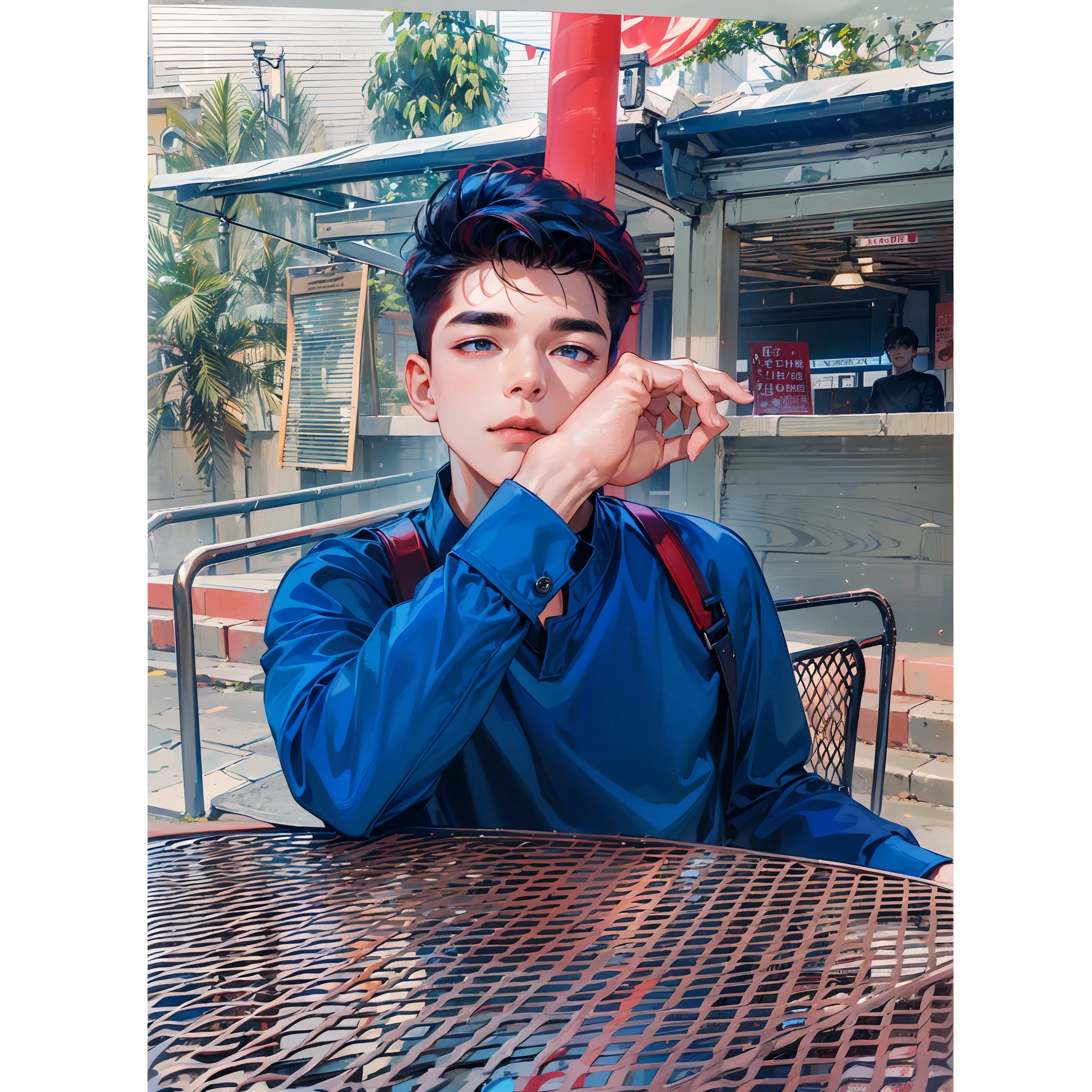 (absurderes、hight resolution、ultra-detailliert、nffsw)、masterpiece、top-quality、1boy、a handsome、red hairs、finely eye and detailed face、(white t-shirts)、(Black jacket)、brow、Street、nightcity、Light smile