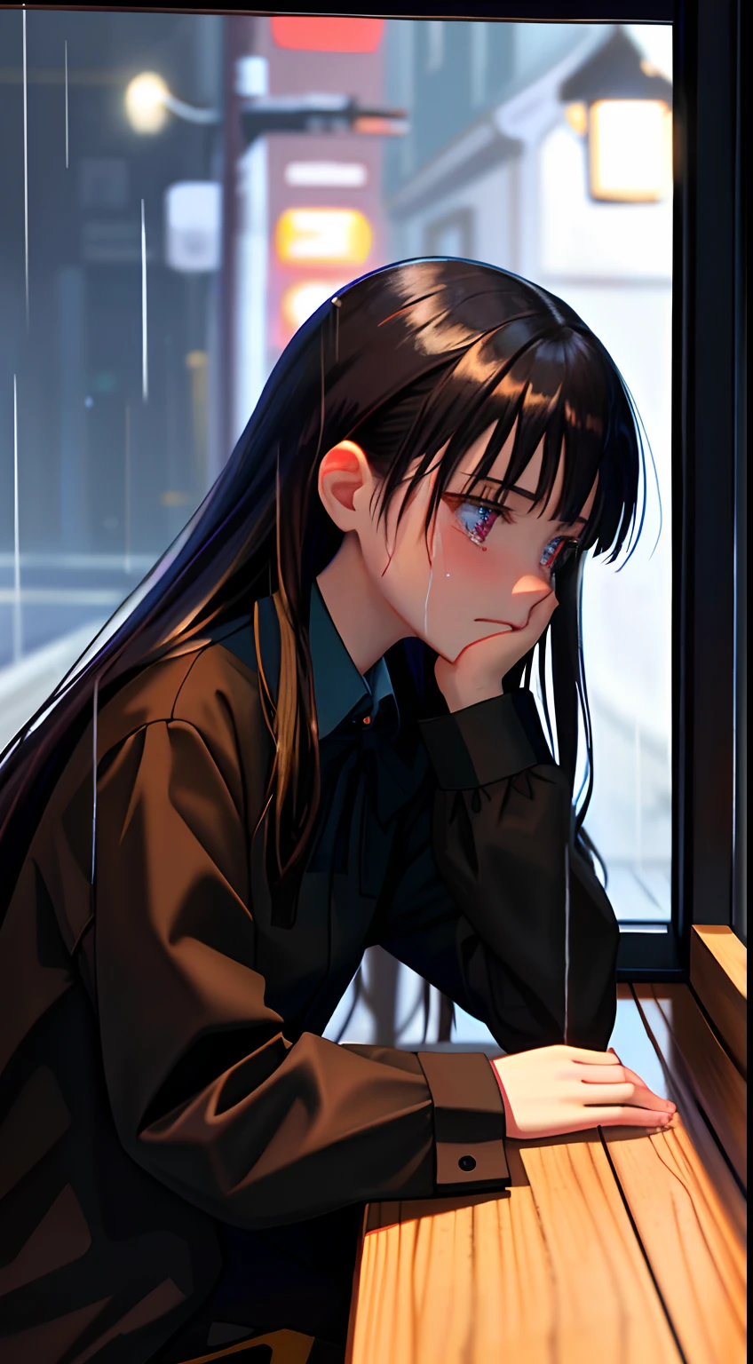 Anime,sad, in tears, crying,broke,alone,dark, empty, street, rain, crying, numb((masterpiece, best quality, ultra detailed, ultra high res)), ((night)), (distant), chiaroscuro, coffee, indoors, solo focus, pov, (through the window), (armrest), 1girl, facing away, black hair, long hair, distracted, sitting, black collar shirt, (looking away), streetspace, neon lights, particles, dark eyes, black eyes