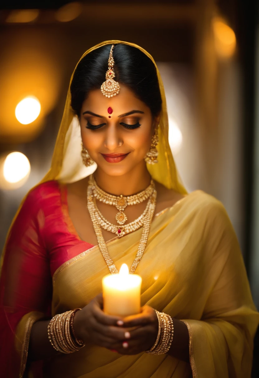 a woman in a white and Yellow sari holding a lit candle, traditional beauty, hindu aesthetic, wearing a sari, closeup portrait shot, traditional female hairstyles, mid shot portrait, dressed in a sari, gorgeous woman, portrait shot, 7 0 mm. dramatic lighting, 7 0 mm portrait, glowing details, indian girl with white skin, glowing details!, Big boobs