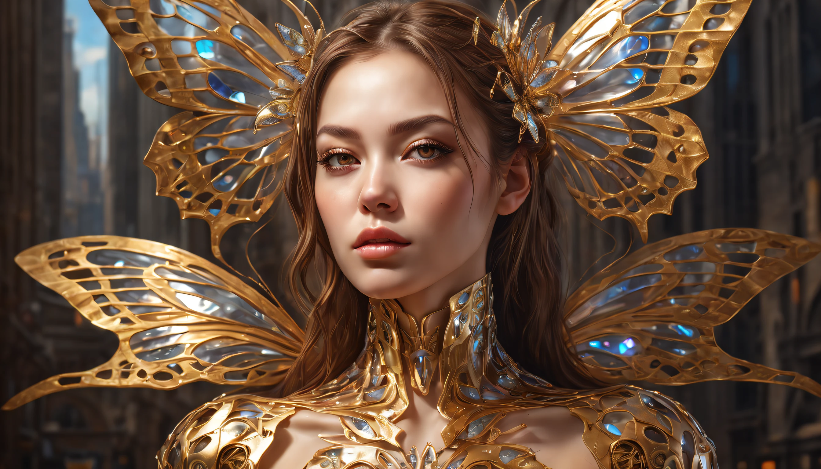 8k portrait of beautiful cyborg with brown hair, intricate, elegant, highly detailed, majestic, digital photography, art by artgerm and ruan jia and greg rutkowski surreal painting gold butterfly filigree, broken glass, (masterpiece, sidelighting, finely detailed beautiful nightmare:1.2), hdr, god rays, ray tracing, Realism, best quality, 16k, highres, textured skin, super detail