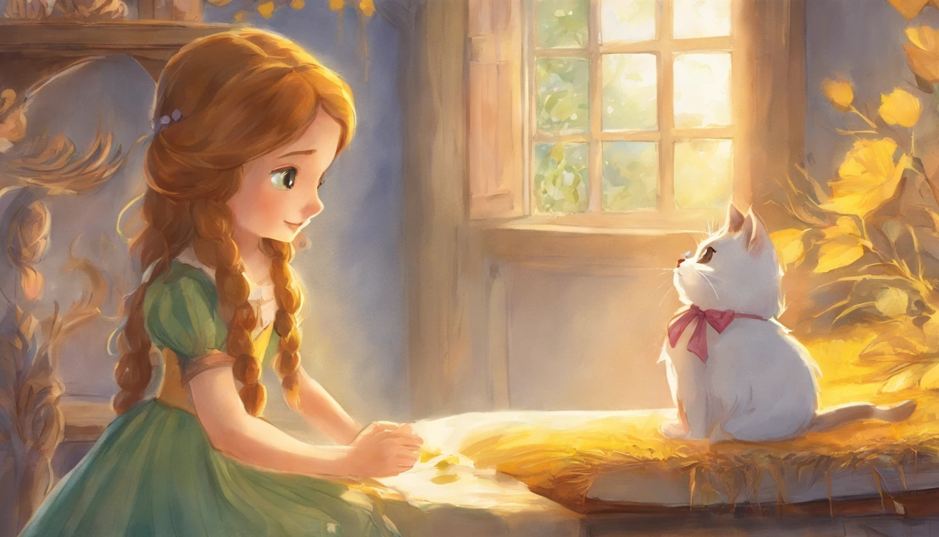 Girl shaking hands with light gray cat's paw in sunny room ars old girl、I have chestnut hair Fantastic and happy feelings watercolor paiting The overall design is classic.、The color is dark yellow Picture book illustrations