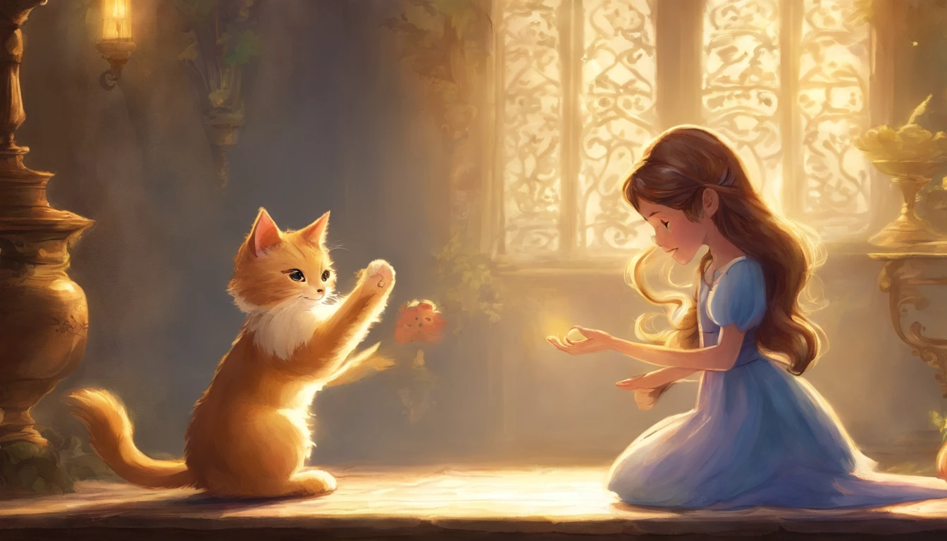 Girl shaking hands with light gray cat's paw in sunny room 10years old girl、I have chestnut hair Fantastic and happy feelings watercolor paiting The overall design is classic.、The color is dark yellow Picture book illustrations
