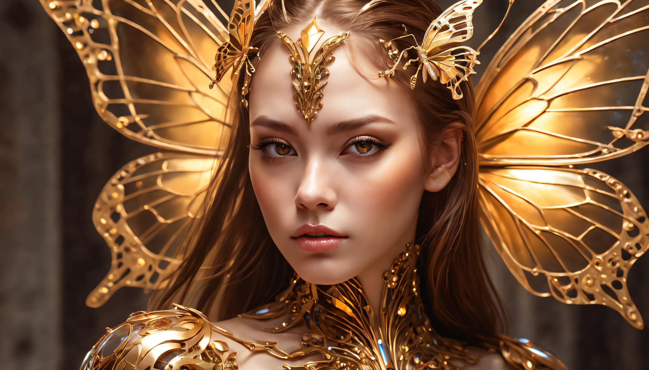 8k portrait of beautiful cyborg with brown hair, intricate, elegant, highly detailed, majestic, digital photography, art by artgerm and ruan jia and greg rutkowski surreal painting gold butterfly filigree, broken glass, (masterpiece, sidelighting, finely detailed beautiful nightmare:1.2), hdr, god rays, ray tracing, Realism, best quality, 16k, highres, textured skin, super detail