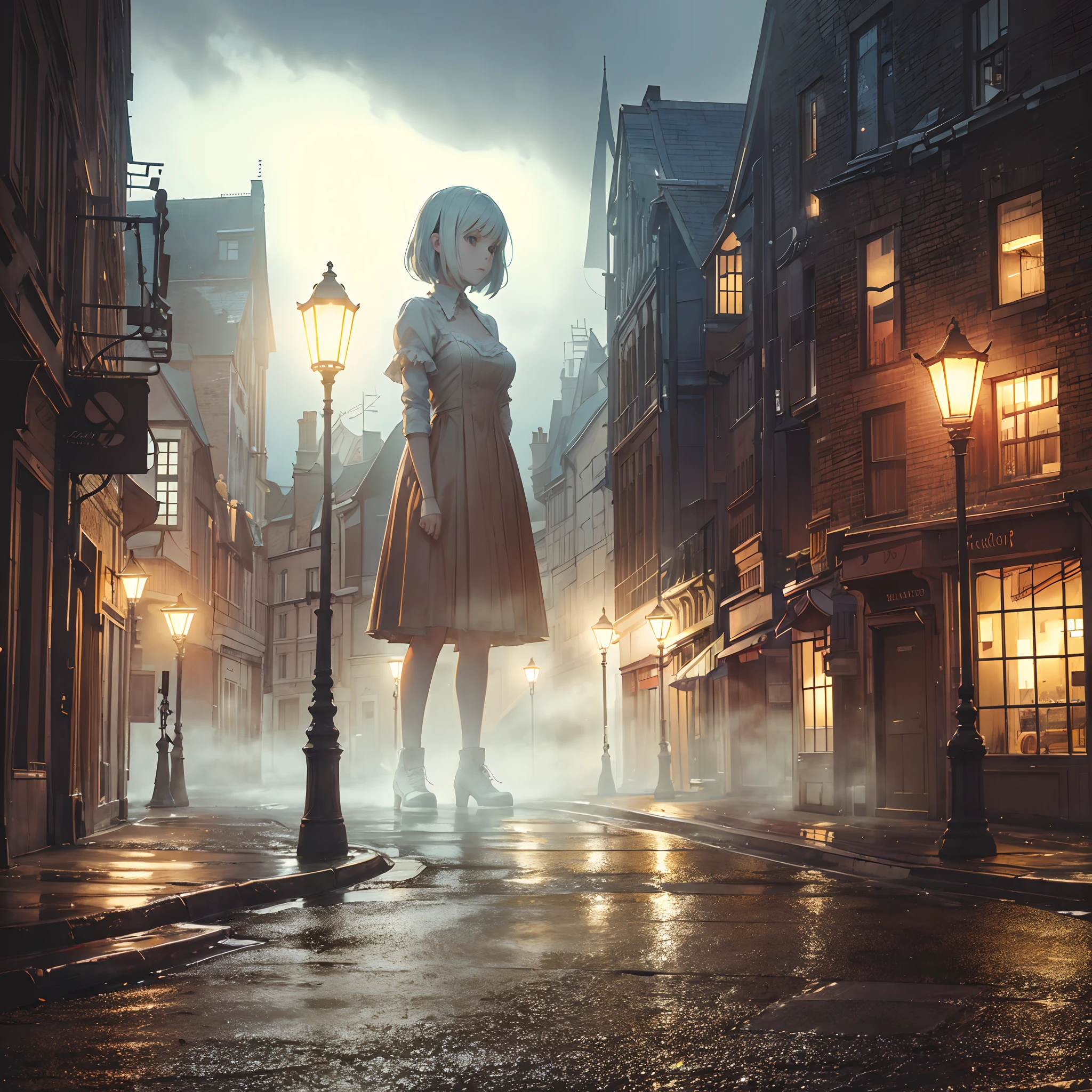 Old London streets. A giant girl stands there. Look at me. Gaslight and fog. A street corner at night.