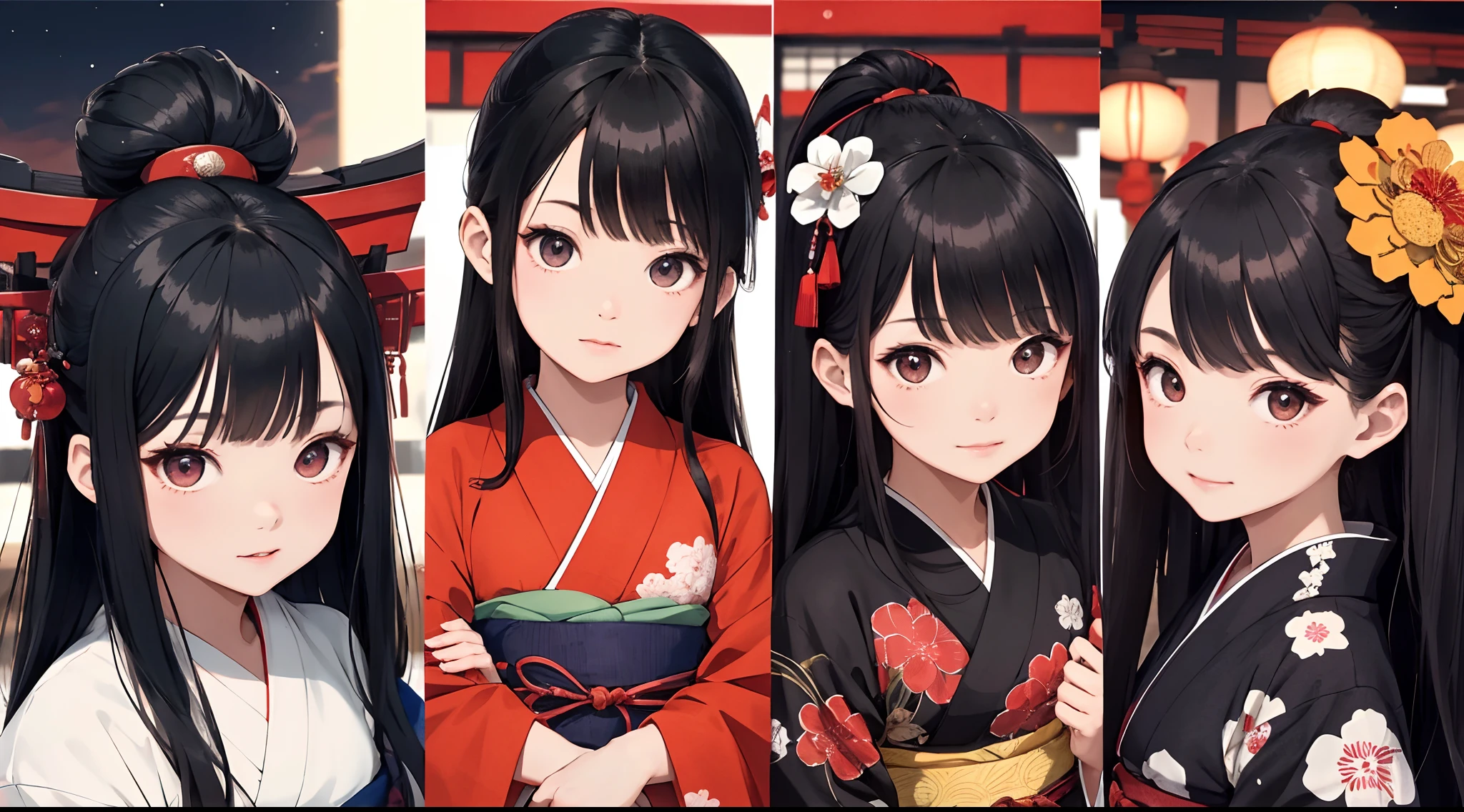 Top image quality、Cute  s、Black hair long straight、Kimono Dresses、Bright red sunset ukiyo-e、Winters