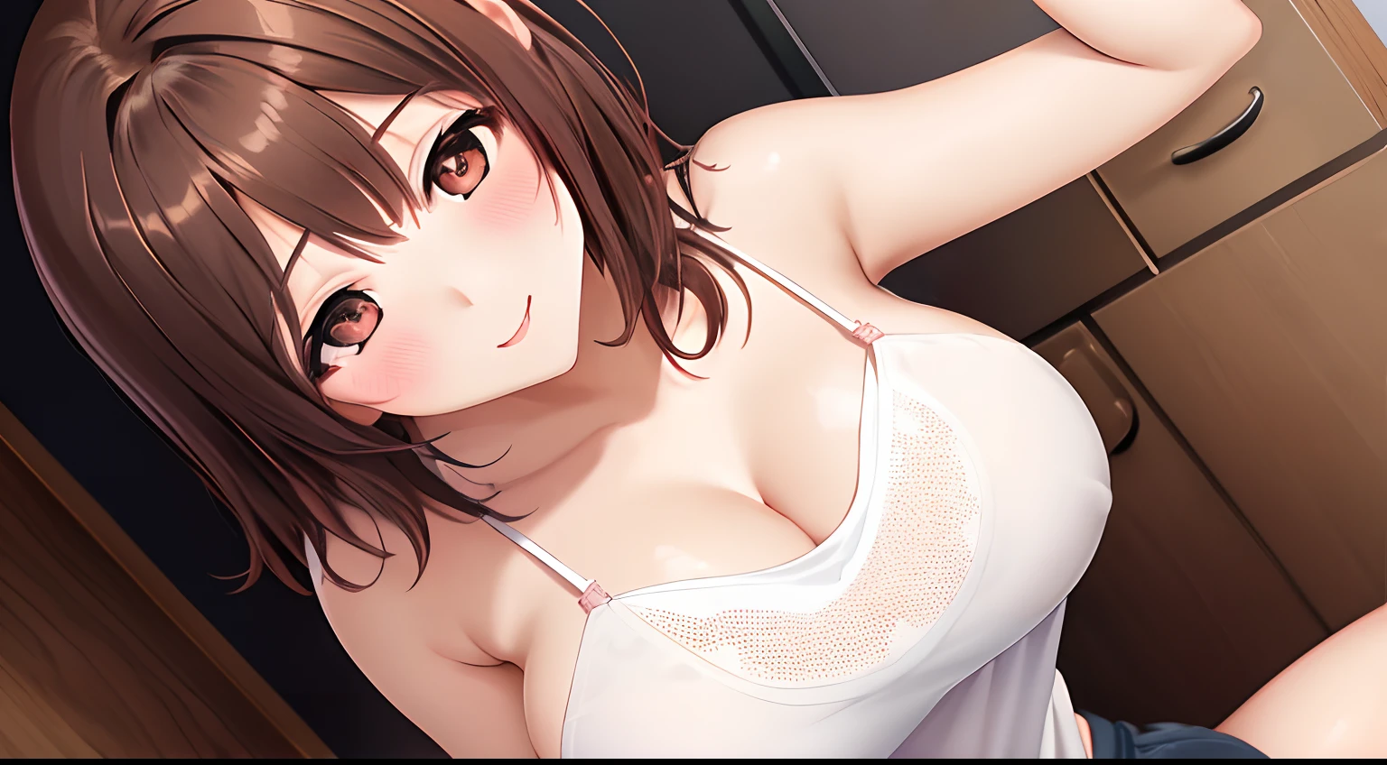 (masutepiece), (Best Quality), (ultra-detailliert), 1girl in, sexy pose, blush,large full breasts, wearing camisole, Happy, Looking at Viewer, large hair, Brown hair,By betting, sprawl, Shy