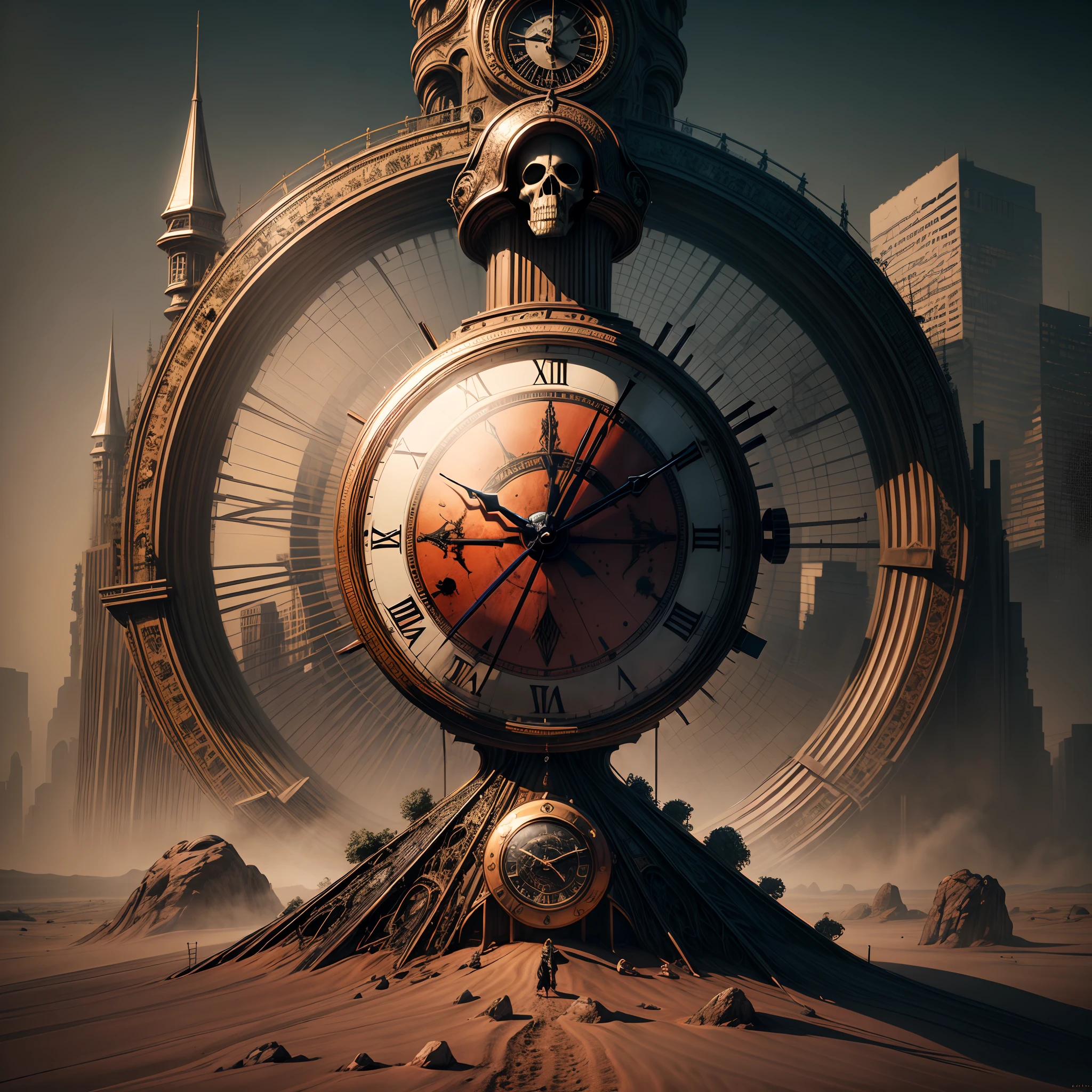 A landmark antique pendulum clock in the city of Mars, Now infused with elements of horror and death. UHR, Futuristic cityscape with red Martian soil as a backdrop, Exudes an eerie aura. It juxtaposes sci-fi architecture, Its intricate design takes on a sinister side，And with hints of a skull motif. The clock face resembles a grinning skull, The pendulum imitates a sickle. The skyline of Mars is dominated by this ominous presence, Create a surreal and otherworldly atmosphere, With a hint of fear. The scenery is haunted, Spooky characters and shadows add color to the eerie setting. The lighting is dramatic, casting long, Spooky shadows，Emphasize the grim character of the clock