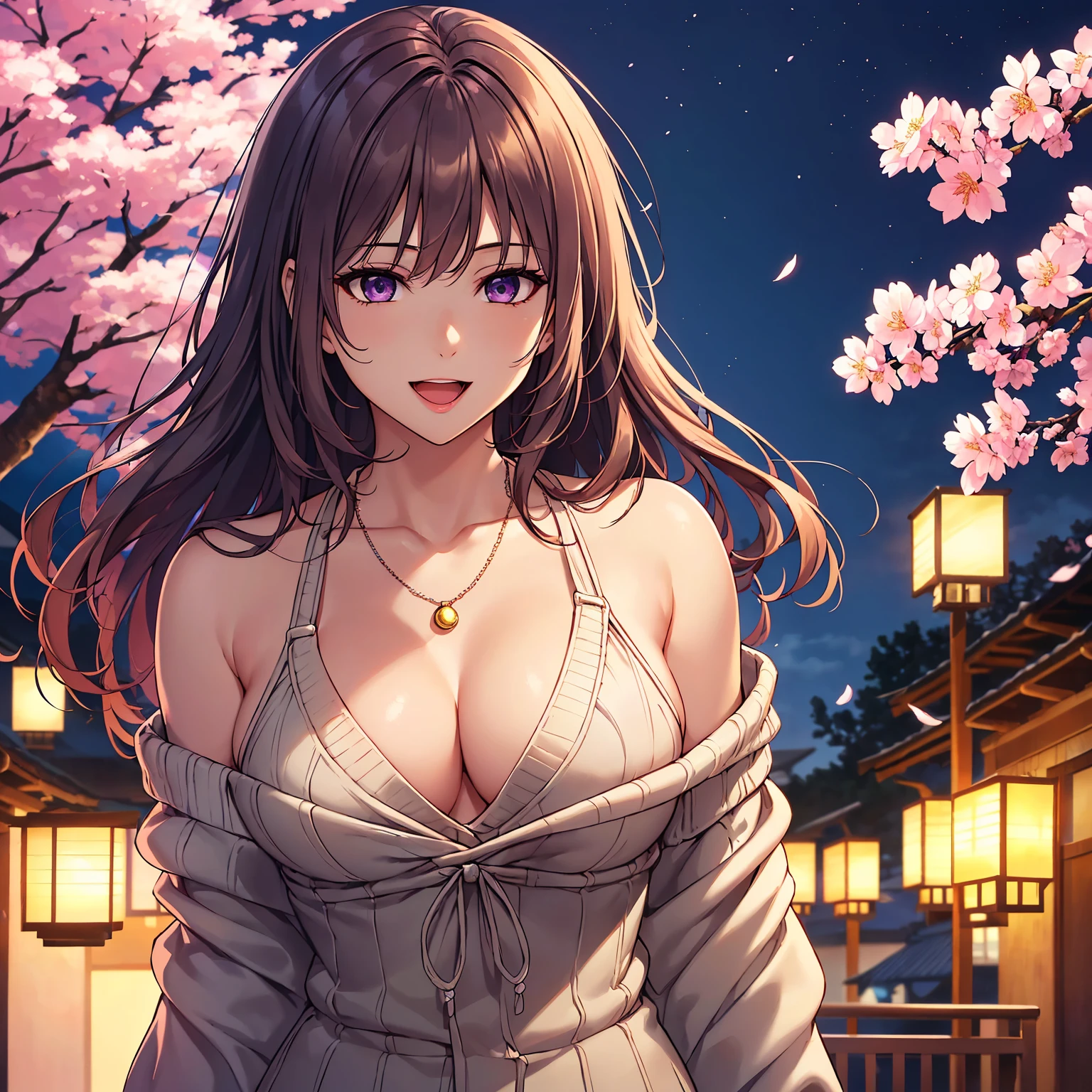 (top-quality、masterpiece、very high res、An ultra-high picture quality、High quality pixels)、(She is a mysterious and bewitching woman, And she is 18 years old,1 person,Single,独奏:1.5)、(She is a very beautiful woman with a beautiful face)、(Beautiful face written in detail,Beautiful body,Strong-willed eyes,Beautiful eyes,Beautiful and colorful hair,Beautiful skin texture)、(Beautiful hair quality,Variety of hairstyles)、(She has a slender figure and her breasts are D cups)、(lovely smile,Smile, Open mouth,),(Wearing a Japan kimono,Colorful Japan kimono,shoulders are exposed),(Rows of cherry blossom trees at night,Night cherry blossoms in full bloom,Lanterns light),(model poses,modelshoot,Magazine shooting,Hair flutters under the influence of the wind),The wind is blowing、Beautiful Art Style, an animated character、(The whole picture、Detailed picture、accurate anatomy、Defect-free images、extremely detailed picture、Accurate images、Perfect Image 1.5)、(Best Shot Photo 1.2)