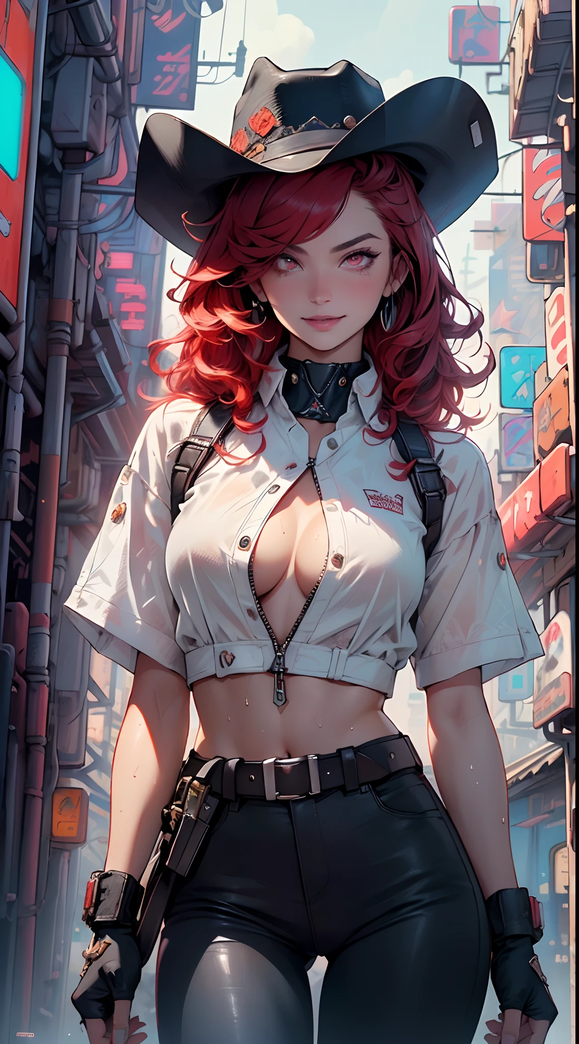 (man:1.5),1 man,cyberpunk gunslinger,(((1man))),((man with messy red hair)),
(((1male,man:1.5,handsome man,male,male gender:1.5,male focus))),macho man,((messy red hair,detailed hair,highly detailed hair,red hair,hair over one eye:1.2,colored inner hair)),(((dark_red_eyes:1.2))),intricate eyes,beautiful detailed eyes,symmetrical eyes,(((lustrous skin:1.5,tanned skin,bright skin: 1.5,skin tanned,shiny skin,very shiny skin,shiny body,illuminated skin))),((man chest)),handsome face,((muscular)),(((detailed face))),
nsfw,
(((bare chest))),dark pants,((bulge in pants)),((gunfighter outfit, (cyberpunk cowboy_hat:1.2))),(wearing a gunfighter outfit:1.3,gunslinger clothes),(cyberpunk gun holster,belt),((wet clothes,intricate outfit,intricate clothes)),
(dynamic pose:1.0),solo focus,((evil smile,evil look)),(centered,scale to fit dimensions,Rule of thirds),
cyberpunk city by the ocean at night, with bright neon signs and dark stormy clouds and puddles, scenery:1.25,nighttime, starry night, cosmos,Very dark night that makes the neon lights stand out, very bright neon lights,
artistic photography,(photography taken by sldr),highres, sharp focus,(ultra detailed, extremely detailed), (photorealistic artwork:1.37),(extremely detailed CG unity 8k wallpaper),((synthwave background theme)),(((vibrant colors))),intricate,(intricate background),(masterpiece),(best quality),photo realistic,analog style,((intricate detail)),(((realism))),