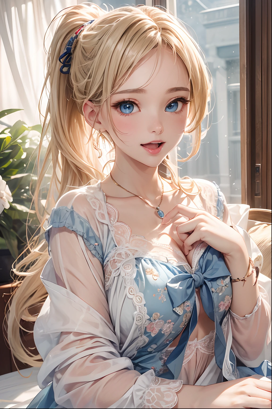 (masterpiece),(top-quality:1.2),1girl in,(masuter piece:1.3),exquisitedetails, Highest quality 8K resolution, Ultra-detailed, Realistic, Vibrant colors, Soft tones, With warm and gentle lighting,Morning Bedroom、Sexy smile、(put out the tongue)、pink bra、Fluffy pajamas、on the beds、slender white body、Bring your chest together、Blushing、Small necklace,(Ponytail blonde hair:1.3),(Hair parted in the middle:1.3),(Glowing hair),(Dark blue eyes:1.3),White skin, hair clips,Overflowing soft and gentle feelings,The sun's rays illuminate joy and pure love, Warm golden glow,The atmosphere is full of happiness and laughter, As if celebrating love,Sticking to ultra-detailed depictions and vivid colors. In a style that blends romanticism and realism、You can feel the depth of love,color palettes,Create an ethereal atmosphere like a dream,and the lighting is soft and diffused, Shine a gentle light on your face,The artwork is a masterpiece