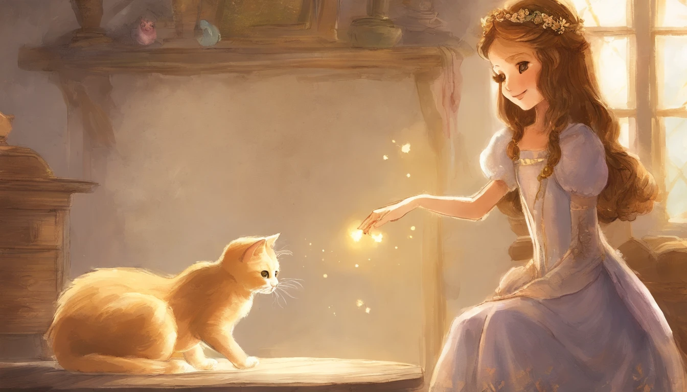 Girl shaking hands with light gray cat's paw in sunny room ars old girl、I have chestnut hair Fantastic and happy feelings watercolor paiting The overall design is classic.、The color is dark yellow Picture book illustrations