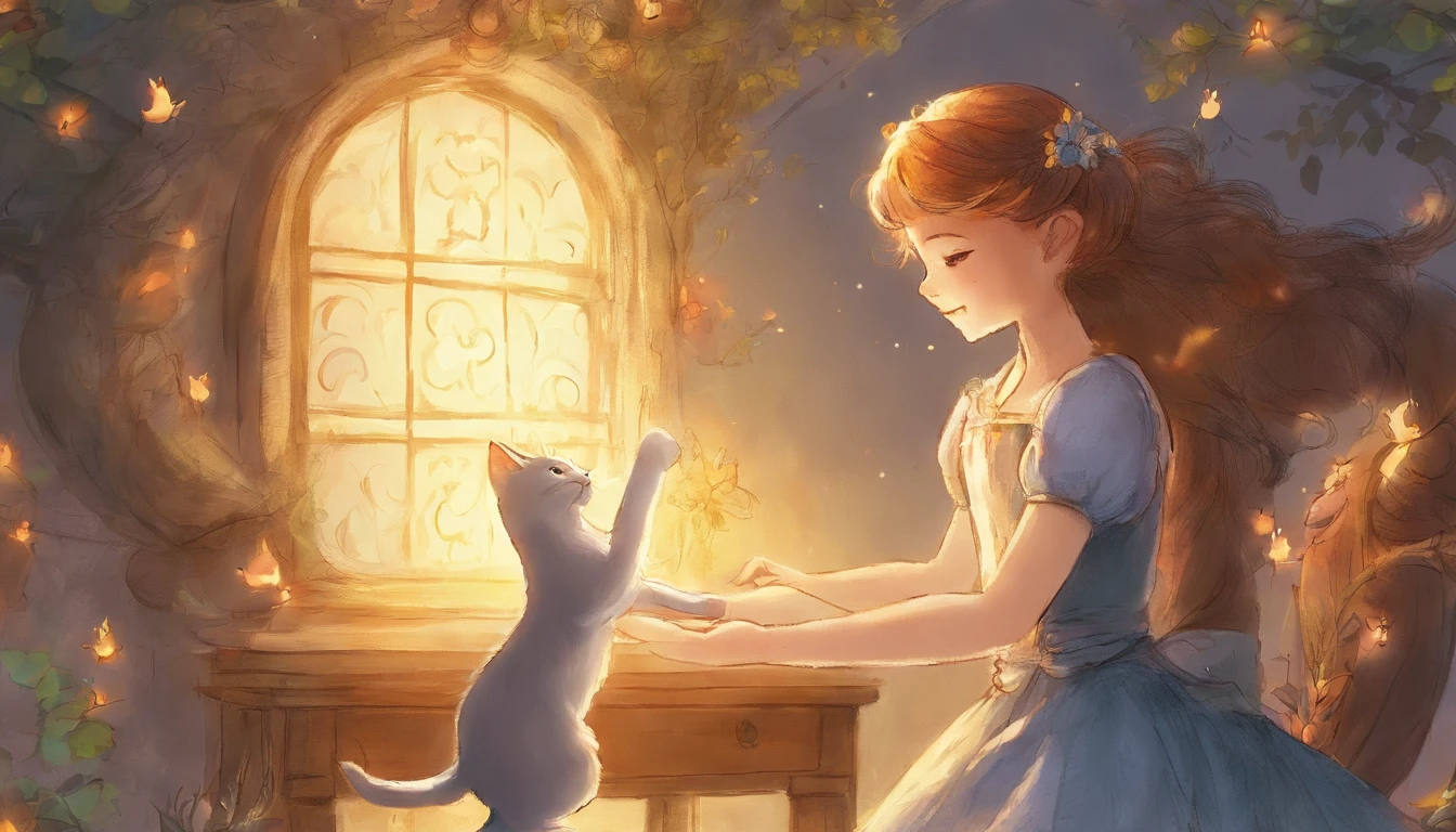 Girl shaking hands with light gray cat's paw in sunny room　10years old girl、I have chestnut hair　Fantastic and happy feelings　watercolor paiting　The overall design is classic.、The color is dark yellow　Picture book illustrations