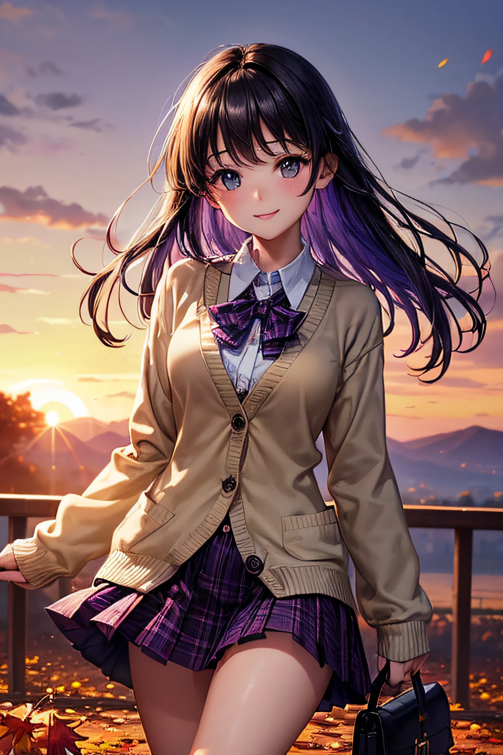 ((worst quality, low-quality)), ((a closeup)), ((facefocus)), ((girl with)), ((Black hair berry berry short,Purple and blue inner colors):1.3), (Dynamic Pose:1.2), (School Uniforms:1.2), (Body Fit Beige Cardigan:1.4), ((Long sleeve, sleeves past wrists):1.2), (White collar shirt underneath:1.3), ((Raise button, Not loose):1.5),(red plaid pleated skirt:1.3), ((Dark brown pumps):1.2), plump shiny lips, Beautiful clear eyes, (The best smile), Spoken Heart, (Cuddle a kitten), (Sunset light:1.4), Autumn foliage picking, leaves falling, (( Background of autumn leaves)), high-angle shot, masutepiece,Best Quality,ultra-detailliert, masterpiece,