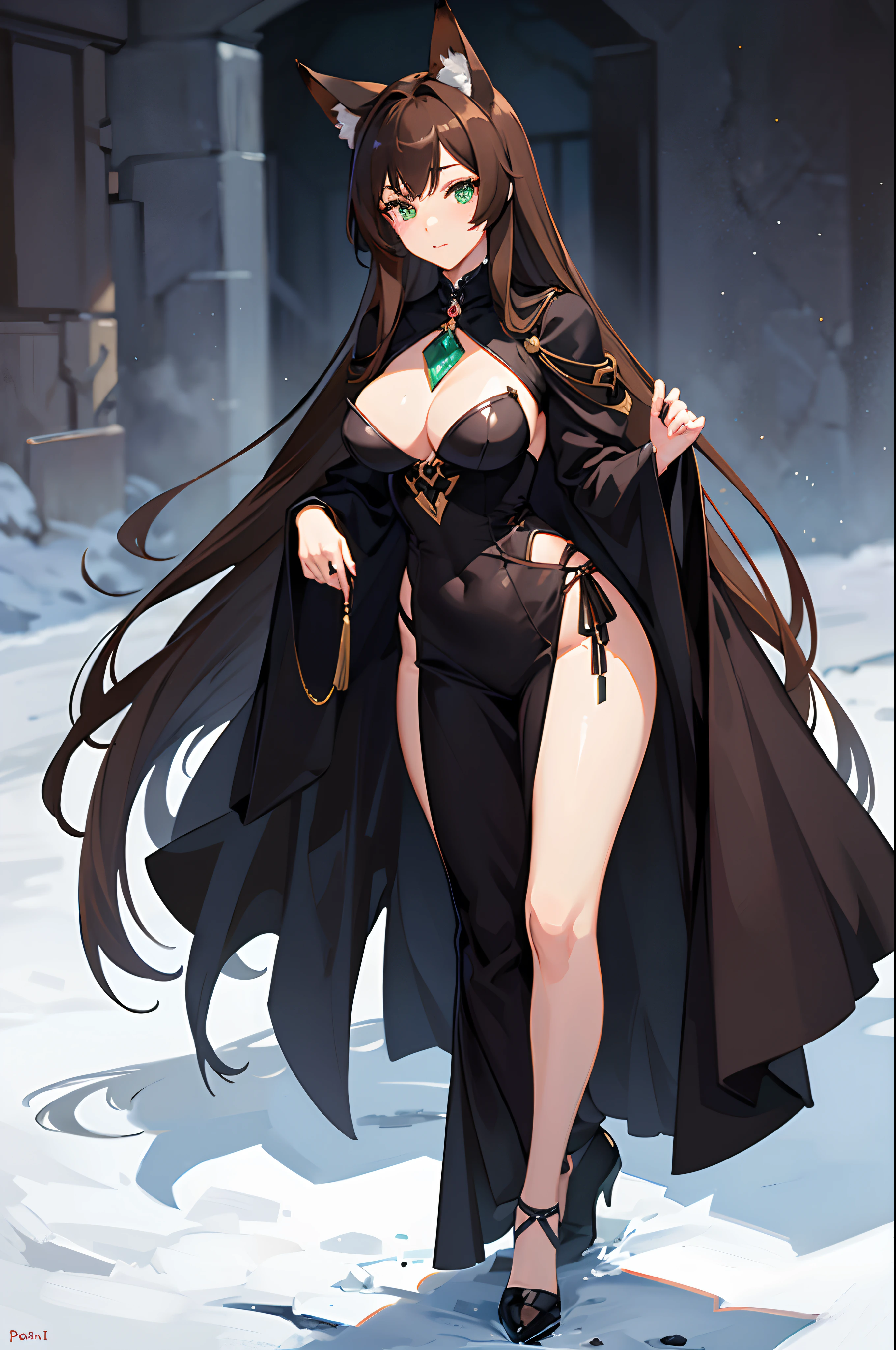 (Masterpiece: 1.5), (Best Quality: 1.5), Perfect Face, 1 Woman, Mature Woman, (Anime), Fox ears, Fox tail, green eyes, dark brown hair, (Highly Detailed), sexy, full body, spats,