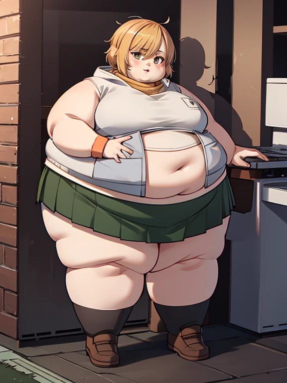 Fat Heather Mason, green_skirt, white_jacket, short hair, Big Cheeks, Cute and Fat face, orange_turtleneck