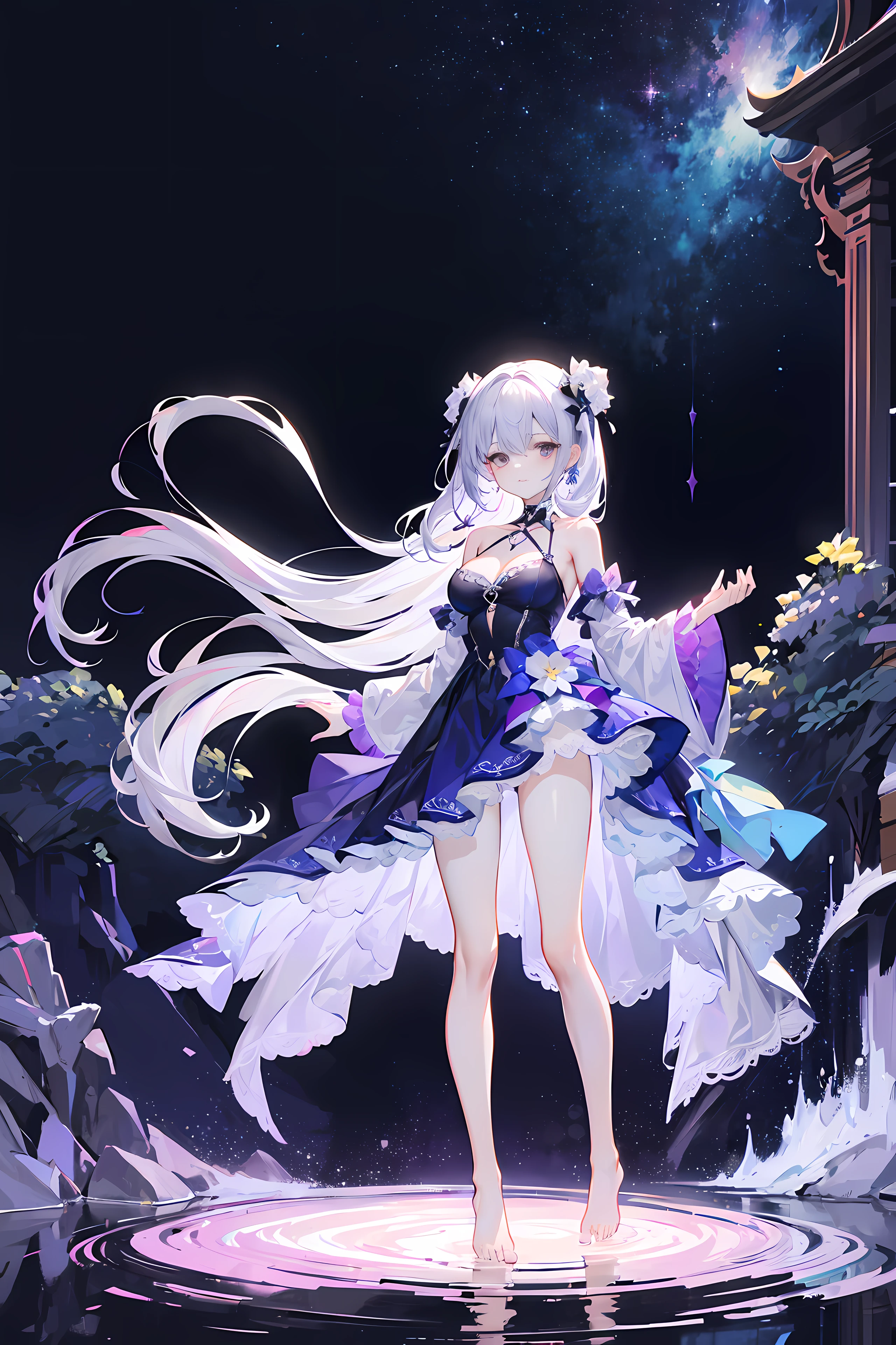 Anime girl with long white hair standing in water with a purple dress ...