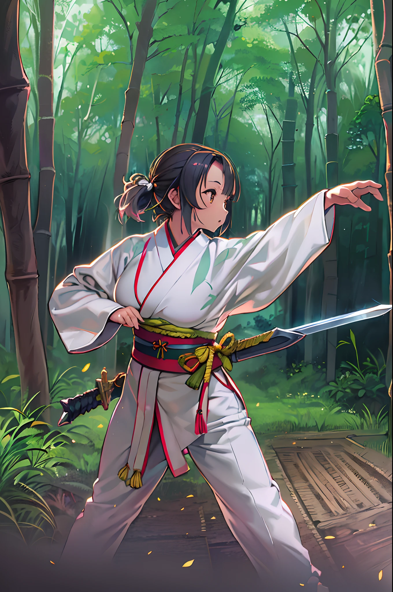 Anime girl in white kimono with a sword in a forest - SeaArt AI