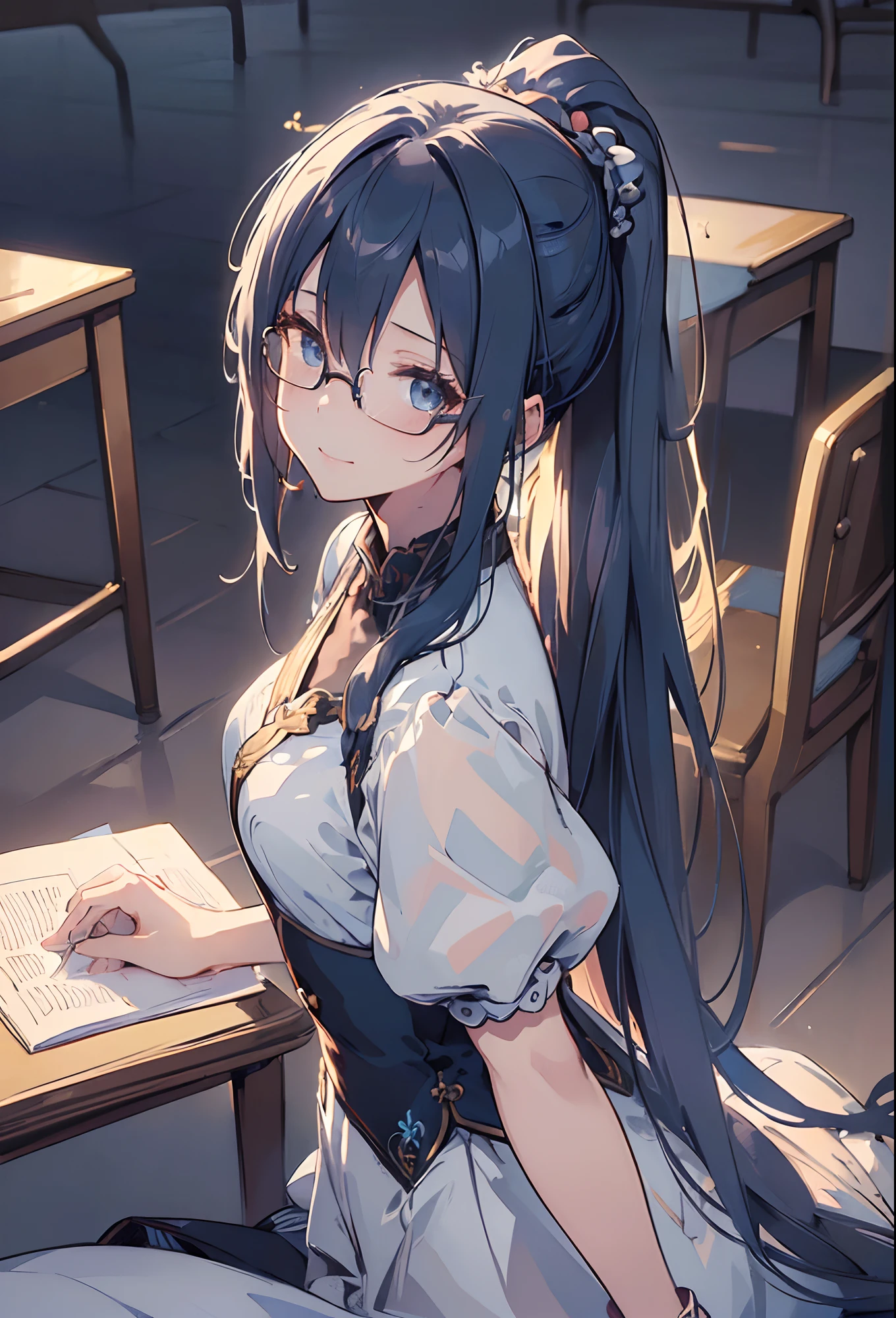 (((Masterpiece))),(((Best quality))),(((Amazing detail))),((illustration)),((A high resolution)),((8K)),((Anatomically correct)),Blue long hair,High ponytail,Delicate hair,a matural female,black-frame glasses,Light smile,adjusting eyewear,angle of view,Anime,Depth of field,Classroom Background,Sunset,Soft light,From above,Lens flare