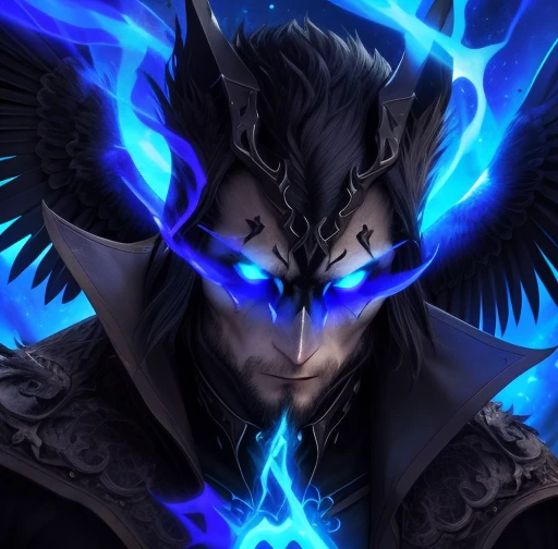 Demonic Raven, Image of a raven with green eyes, high cheekbones, muscular physique, Square Face, brown-hair, Wings of crows behind the back, Bright Blue Aura, Smoke, Super Epic Image