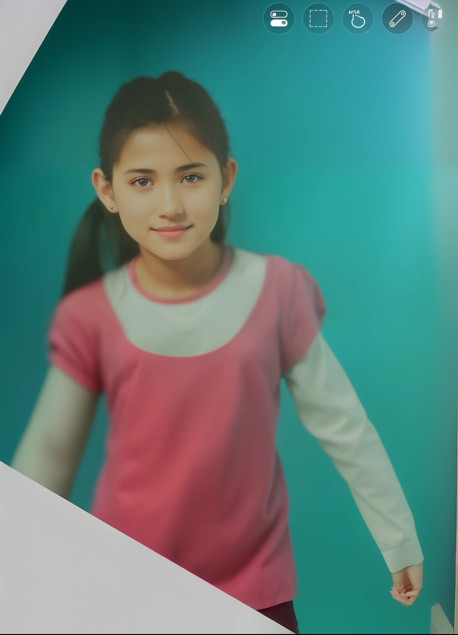 There is a picture of a girl in a pink shirt, a photo of girl, A dark-haired, poneyTail, taken in the mid 2000s, taken in the late 2000s, taken in the 2000s, a cute young girl, Hannah Alisa Omale, old picture, 6Young Girl, very very low quality picture, coloured background, very clear picture