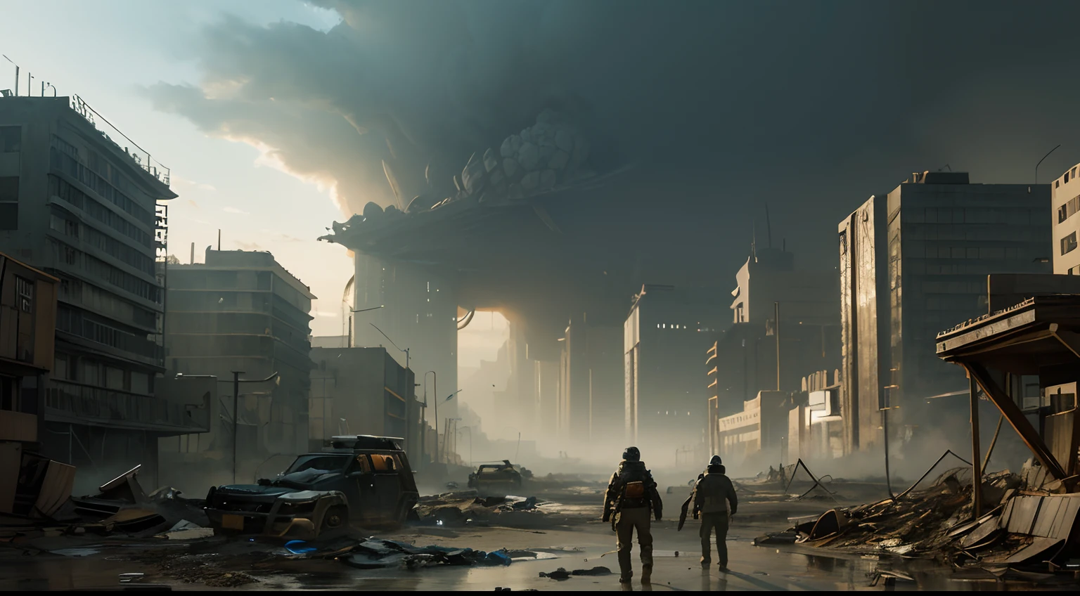 Draw a post-apocalyptic sci-fi painting,The theme is defense against natural disasters or self-help,Characters need frontal detail