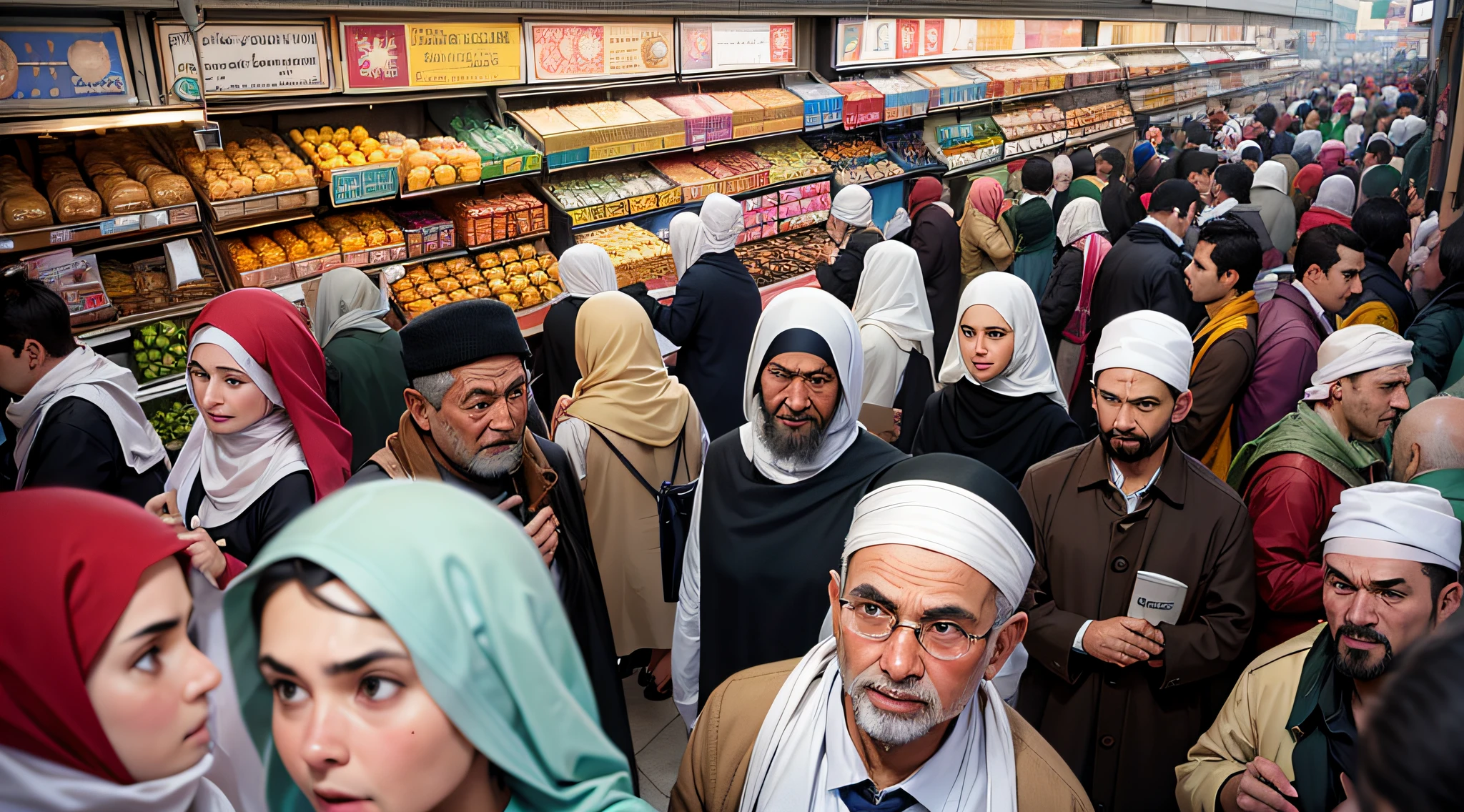 Bild: Prophet Muhammad stands in a bustling Mecca market. Sein Gesicht ist ruhig, while people around him react with different expressions. Einige schauen skeptisch, andere weisen gestikulierend auf ihn. The market is lively with stalls and cloths.