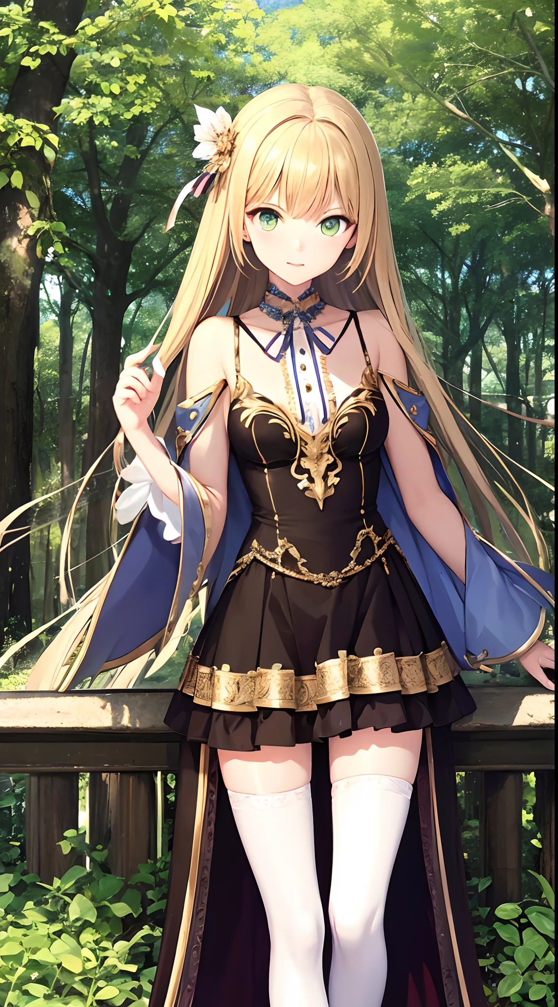 (tmasterpiece,top Quority,best qualtiy,offcial art,Violence and aesthetics:1.2),Extremely detailed,(s fractal art:1.3),Most detailed,one-girl,in style of ghibli,Yellow hair,Green eyes,adolable,Full of vitality,Fair skin,full bodyesbian,shift dresses,freshen,Park background,white stockings,Long legs