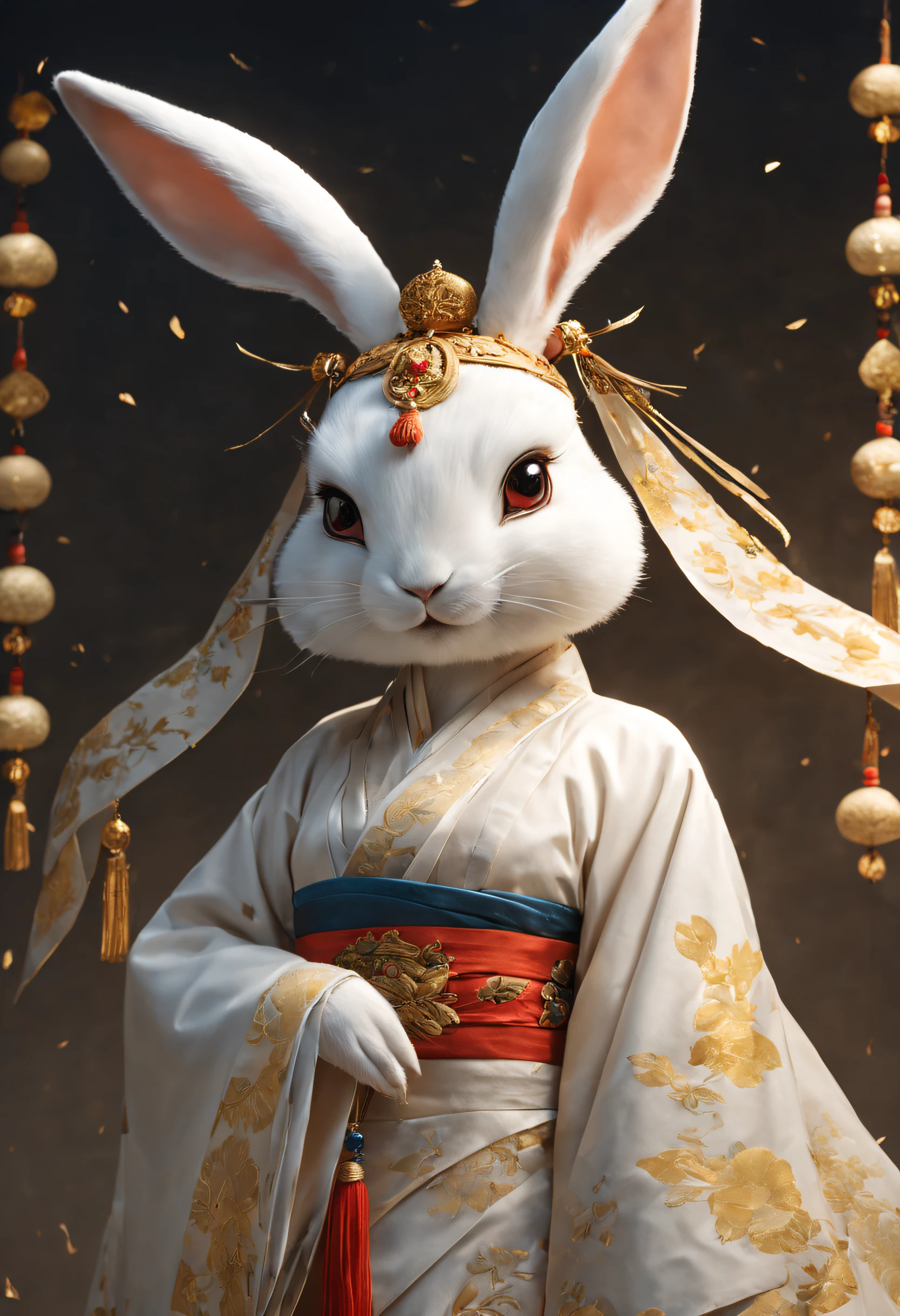 Full body realistic style photo of a Chinese rabbit standing looking viewer, Hands clasped in front, wearing a gold-colored embroidered cranes white hanfu cloth , (((rabbit face and head))), standing looking gently at the viewer, the background is shining and shining, very detailed, trending on the art station , long and very luxurious hanfu dress looks like a goddess descended from heaven, immortal goddes, eternal goddes, sharp focus, studio photo, very detailed, sharp face, sharp subject, detailed subject, furry humanoid, no human head, no human face, animal face , animal heads ,