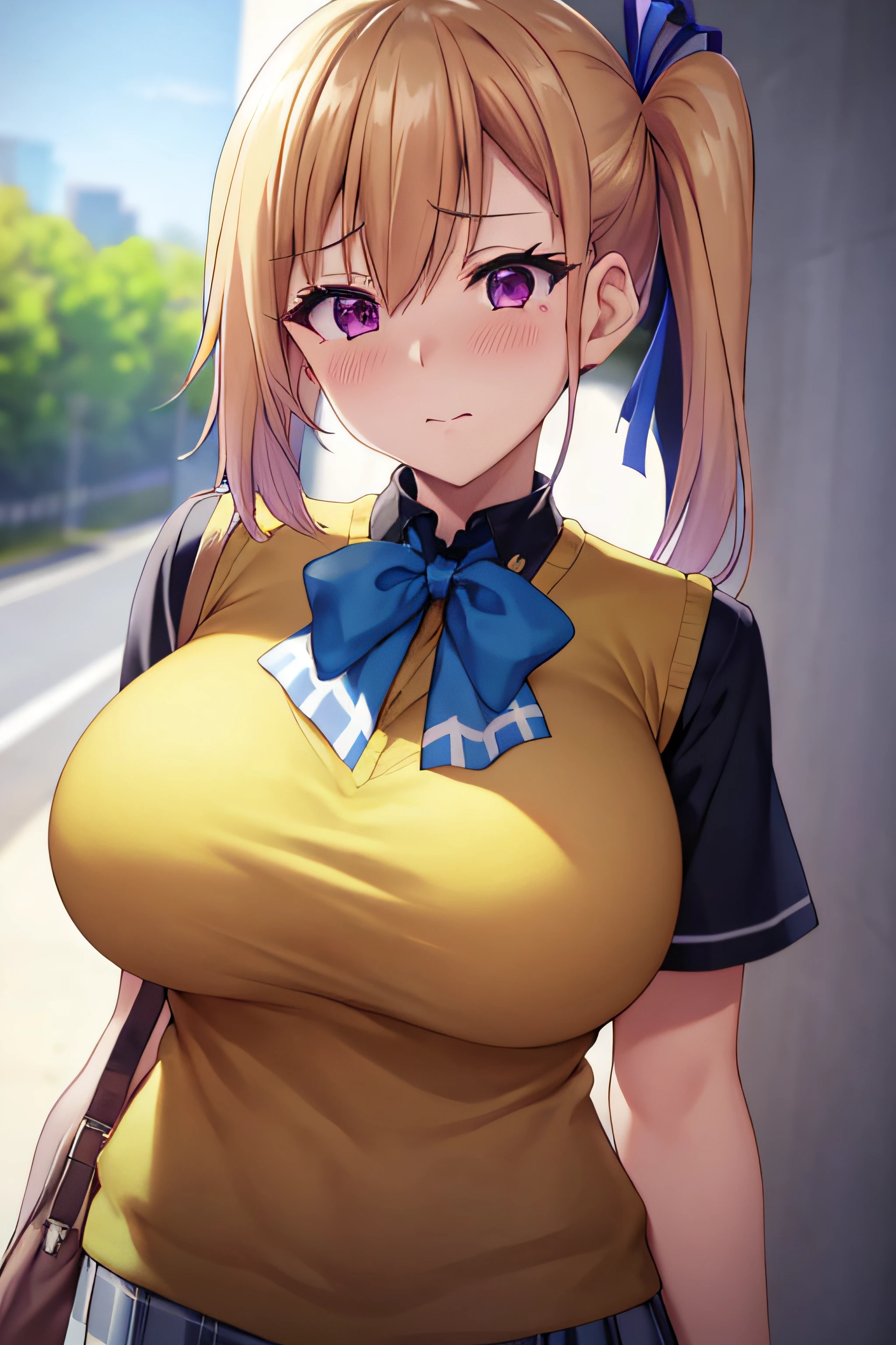 ​masterpiece, (top-quality), 1womanl,1girl in,1 boy,,kawakami_mai, blonde  hair, length hair, side poneyTail, a purple eye, Sweater Vest, 校服, skirt by the, Huge,bow ribbon, Hair ribbon, Mole under the eyes,Female sexy, embarrassed from,red blush, vivd colour,,natural soft light,RTX, , Beautiful fece, (详细的脸:1.2), showcase, (perfect  eyes:1.1) ,(Photorealsitic:1.1), 8K UHD, Look at viewers, outside of house, simple background