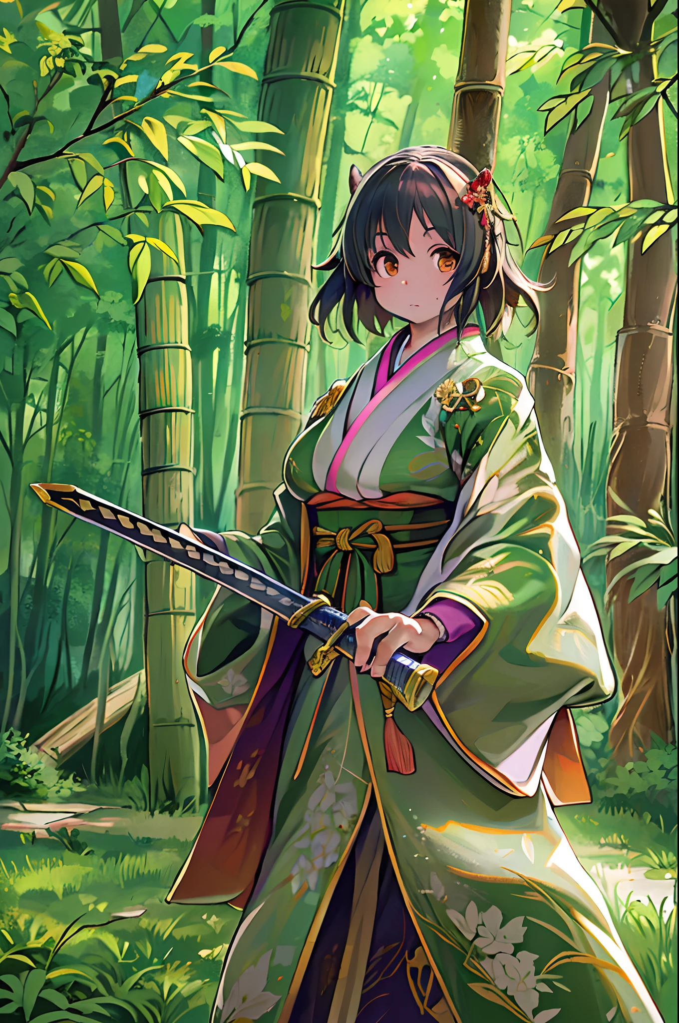 Raw photo of one female samurai, Stand in a combat stance, With a sword pulled out of the sheath in her hand, Ready for Battle, In full samurai attire (Kimono) (Bamboo forest wind), (The wind lifted the leaves), Cut on her shoulder ( high skin detail: 1.2), 8K UHD, SLR camera, Soft lighting, High quality, Film grain, FUJI XT3、Anime style、Chibi、tiny girl