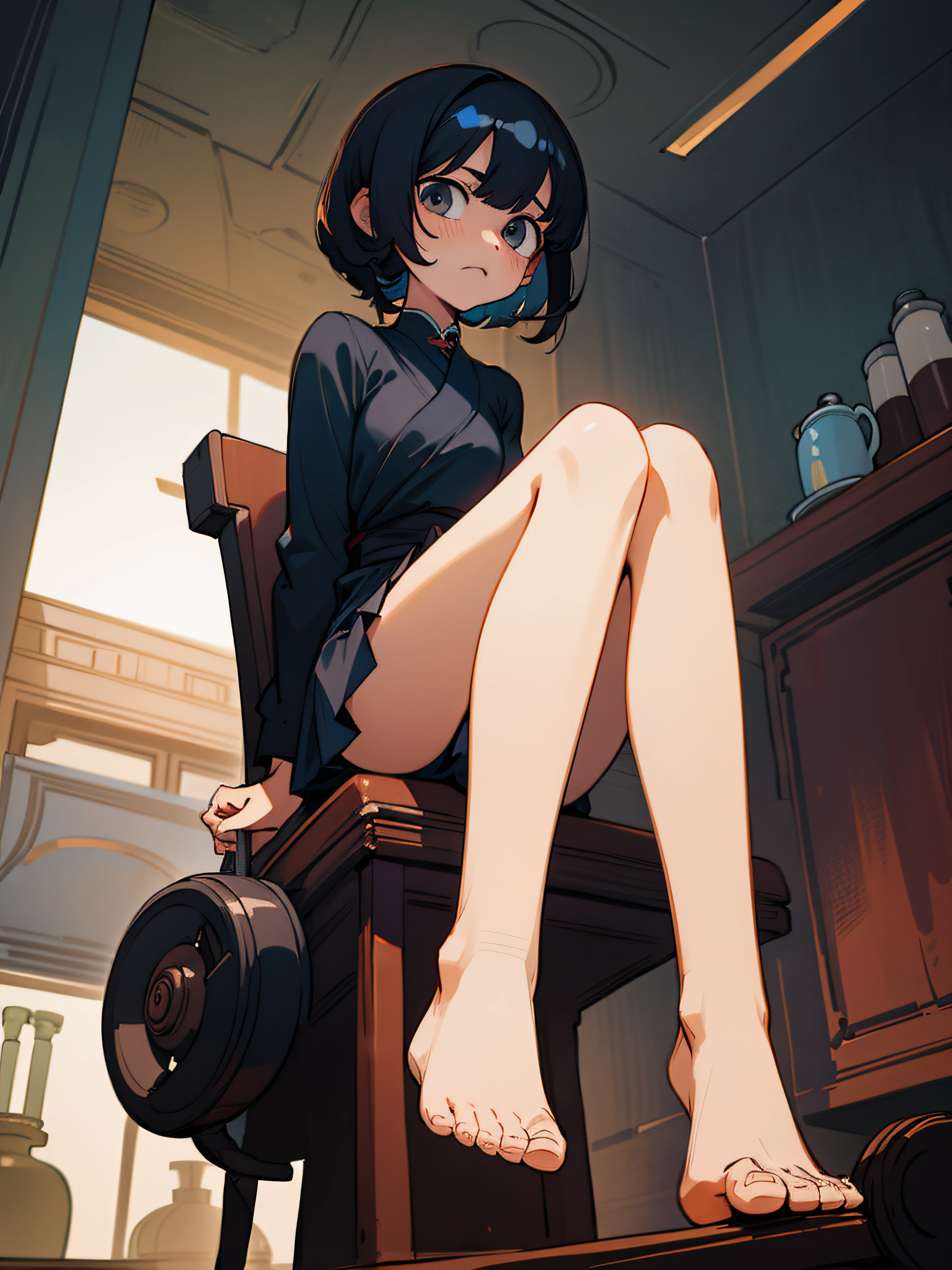 Woman with short black hair、skinny thigh、a miniskirt、Sitting on a chair, the soles of the feet are visible、Composition looking up from the front、Bare legged、In a dimly lit room、Looking down here、Straight face