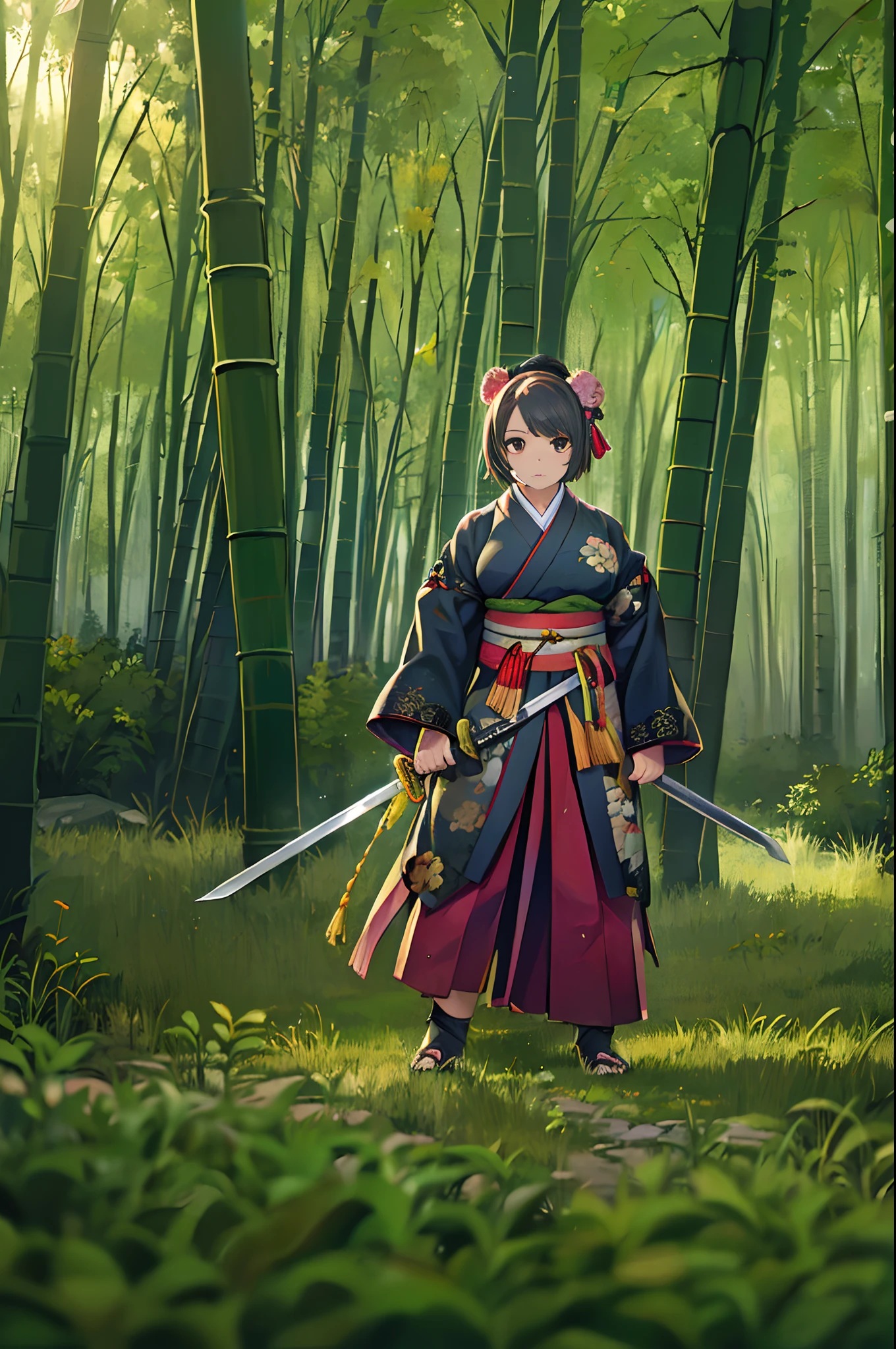 Raw photo of one female samurai, Stand in a combat stance, With a sword pulled out of the sheath in her hand, Ready for Battle, In full samurai attire (Kimono) (Bamboo forest wind), (The wind lifted the leaves), Cut on her shoulder ( high skin detail: 1.2), 8K UHD, SLR camera, Soft lighting, High quality, Film grain, FUJI XT3、Anime style、Chibi、tiny girl