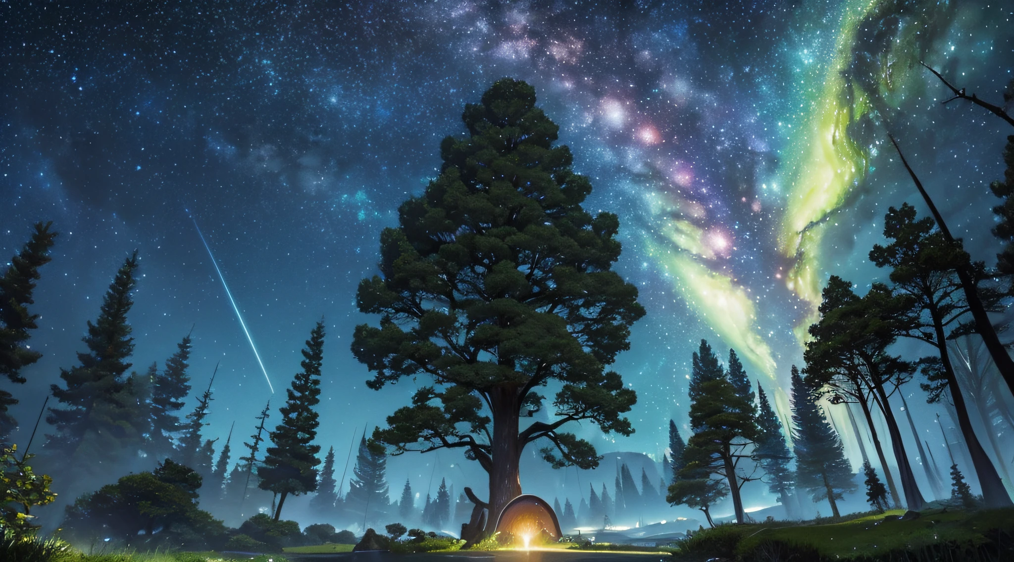 masterpiece、Background with((Fantastic starry sky、meteors、black hole))、Depth((Huge fantastic tree、Luminescent vegetation))、Looking up