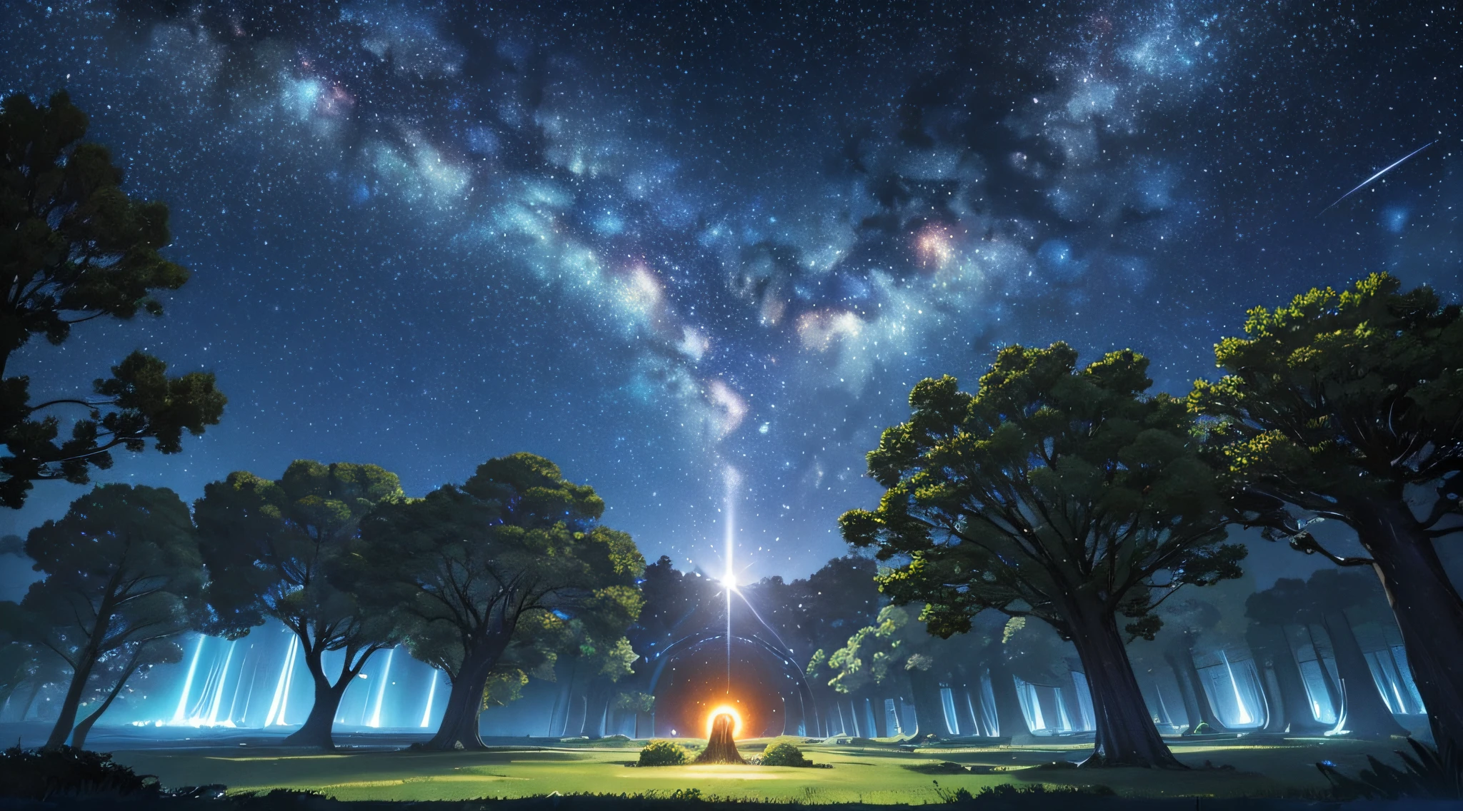 ​masterpiece、Background with((Fantastic starry sky、meteors、black hole))、Depth((Huge fantastic tree、Luminescent vegetation))、Looking up
