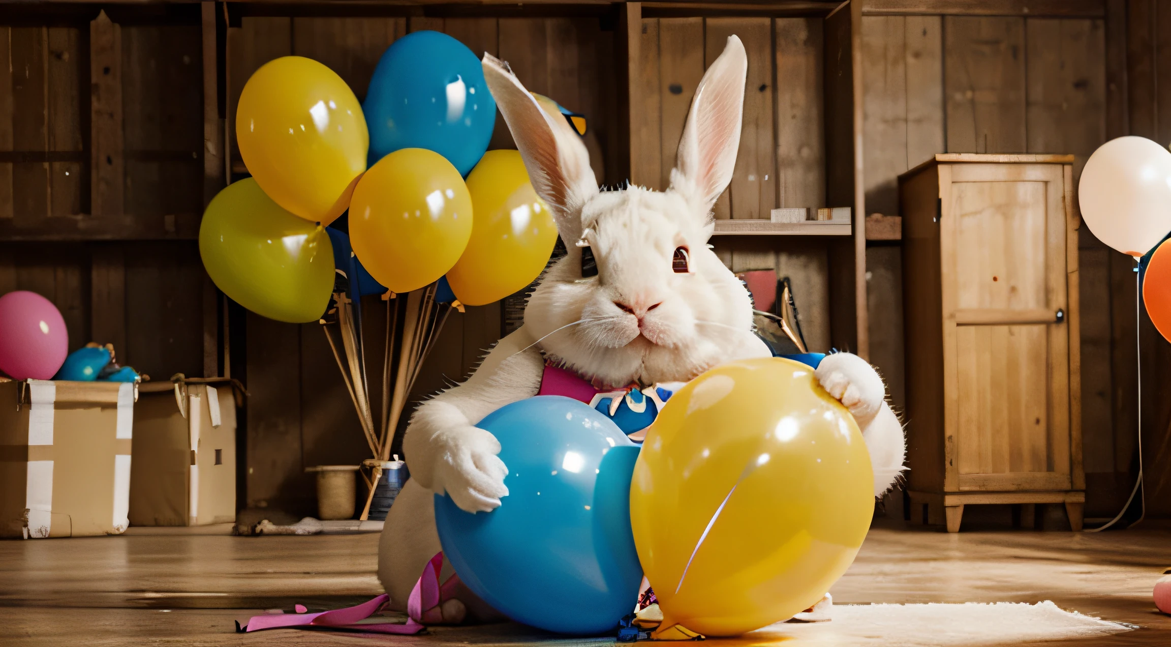 fat rabbit playing with latex balloons