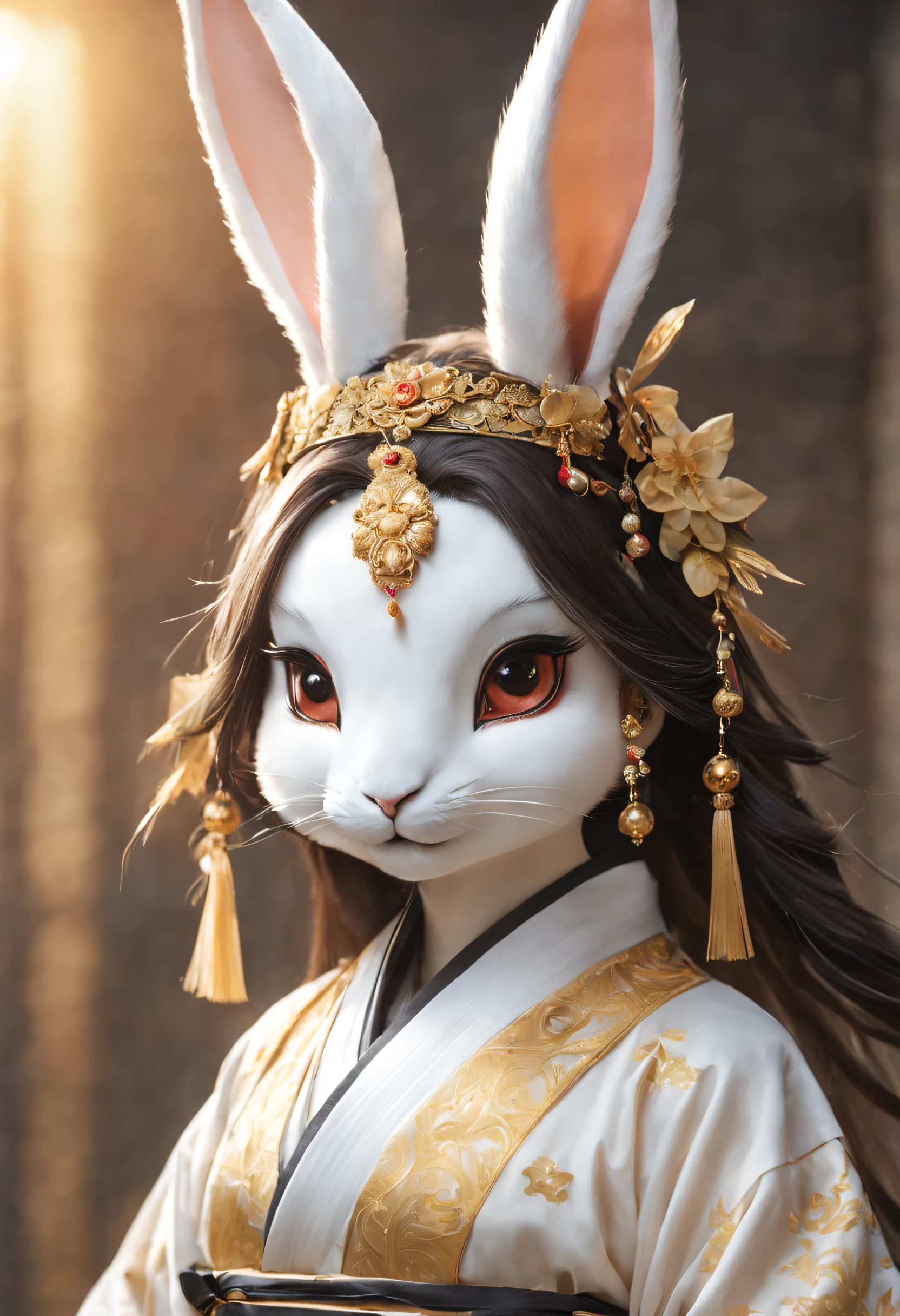 Full body realistic style photo of a Chinese rabbit standing looking viewer, Hands clasped in front, wearing a gold-colored embroidered cranes white hanfu cloth , (((rabbit face and head))), standing looking gently at the viewer, the background is shining and shining, very detailed, trending on the art station , long and very luxurious hanfu dress looks like a goddess descended from heaven, immortal goddes, eternal goddes, sharp focus, studio photo, very detailed, sharp face, sharp subject, detailed subject, furry humanoid, no human head, no human face, animal face , animal heads ,