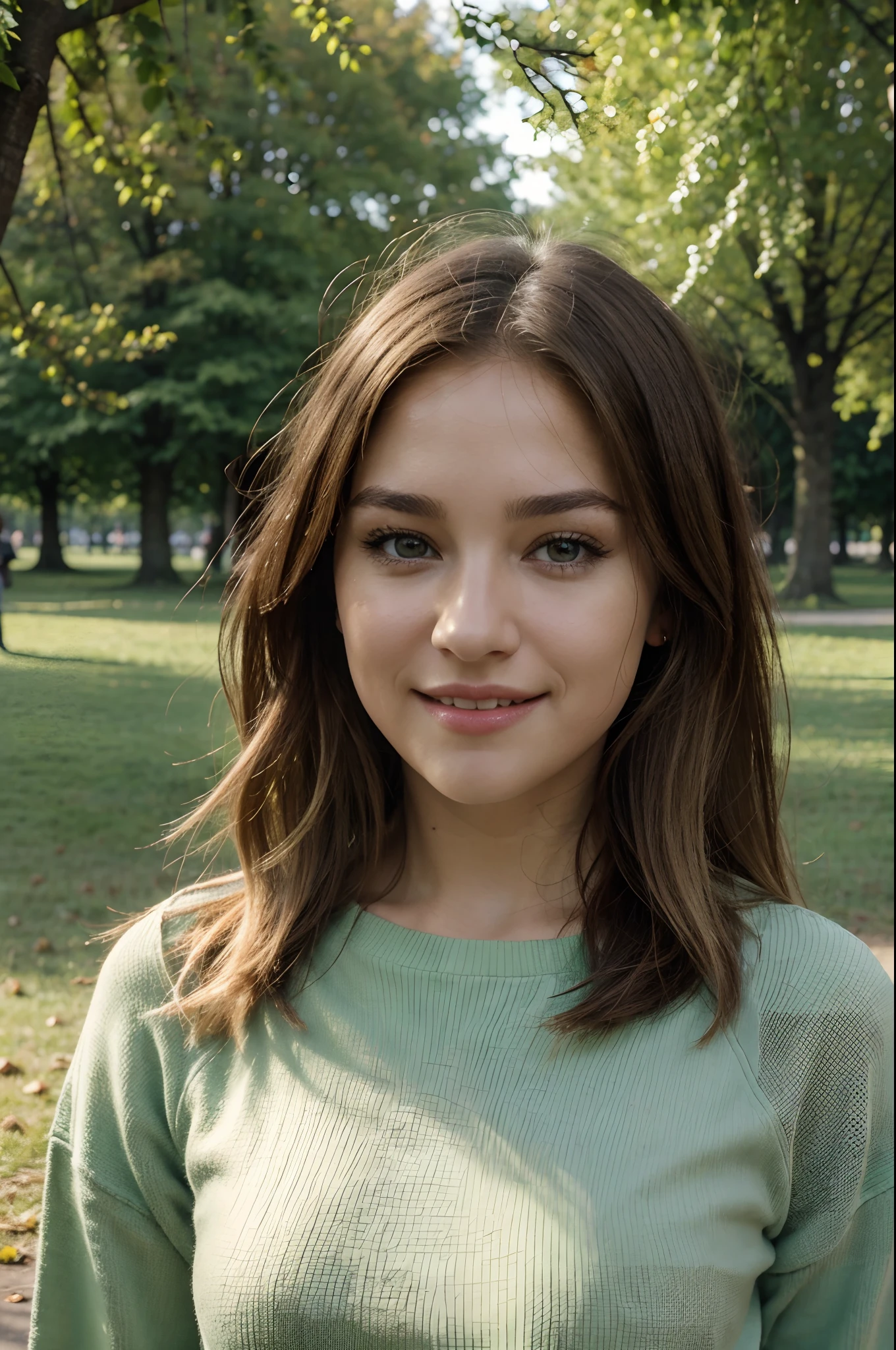 a European woman similar in appearance to Emilia Clark, fitting the trend of the most beautiful women, blonde, brown eyes, smile, name is Natalia, normal girl, green park, more distance from camera