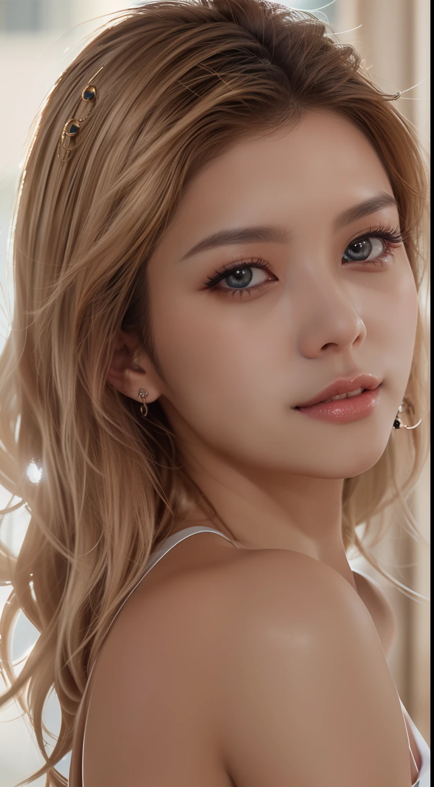 (8k, RAW photo, photorealistic:1.25) ,( lipgloss, eyelashes, gloss-face, glossy skin, best quality, ultra highres, depth of field, chromatic aberration, caustics, Broad lighting, natural shading,Kpop idol) looking at viewer with a serene and goddess-like happiness,