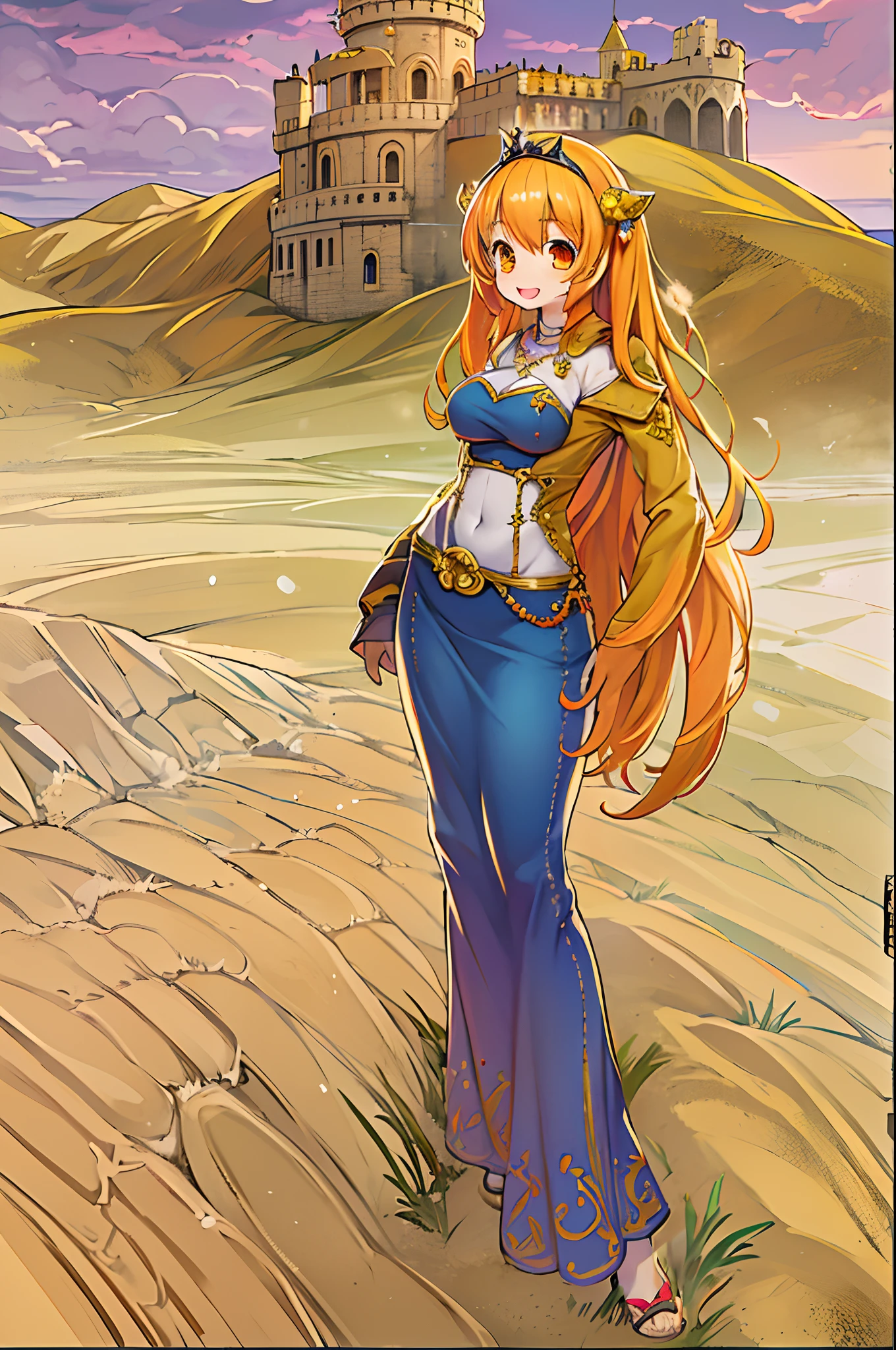 masutepiece, Best Quality, Solo, 1girl in, Orange hair, Blue hair, :D, Orange dress, Looking at Viewer, Outdoors, Sand, sand dunes, Huge castle, diadems, Standing, Full body, Cowboy Shot, Hands on hips,