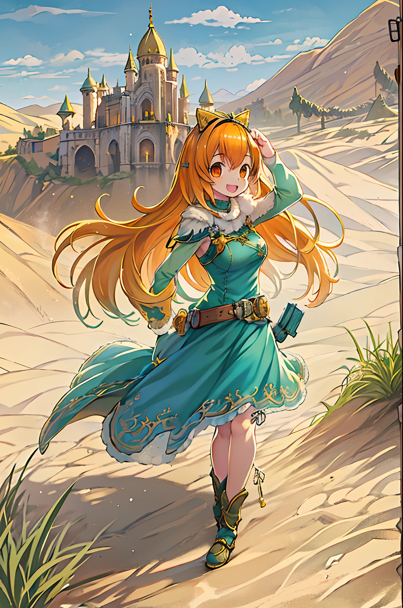 masutepiece, Best Quality, Solo, 1girl in, Orange hair, Blue hair, :D, Orange dress, Looking at Viewer, Outdoors, Sand, sand dunes, Huge castle, diadems, Standing, Full body, Cowboy Shot, Hands on hips,