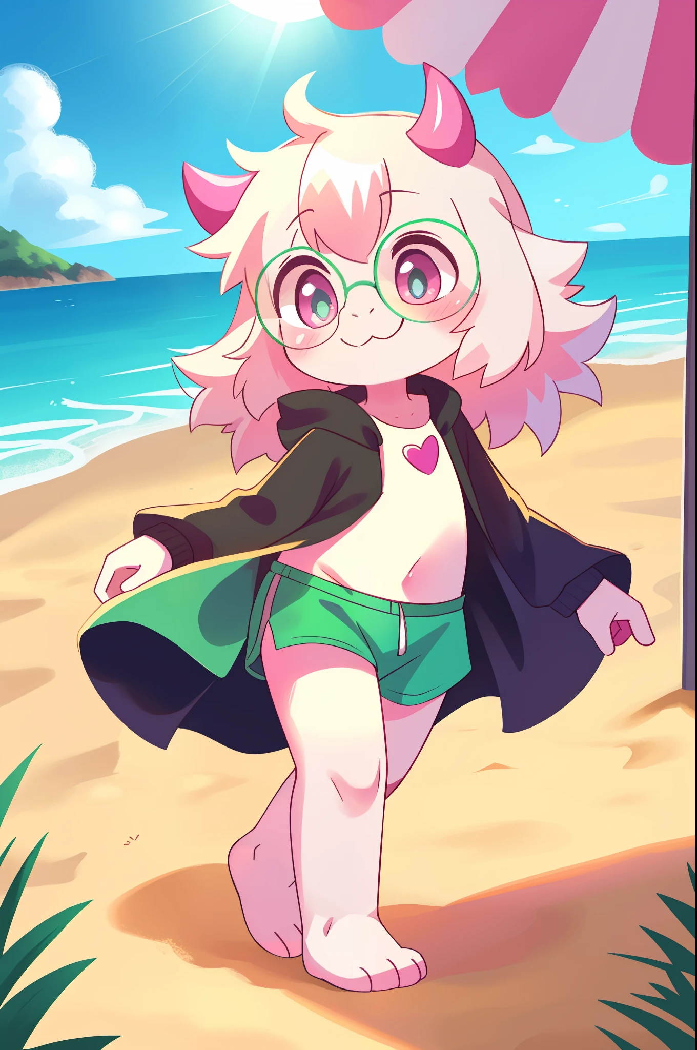Ralsei, (Deltarune), shota, goat, pink horns, green glasses, :3, white body fur, pink eyes, spiky bangs, feets whit three toes, full body, beach, clear sky, green swim trunks, detailed body fur, detailed body, detailed face, detailed eyes, glistering body, shiny body, perfect lighting, perfect shadows, perfect eyes, perfect hair, perfect face, gorgeous body, lighting on all body, solo,