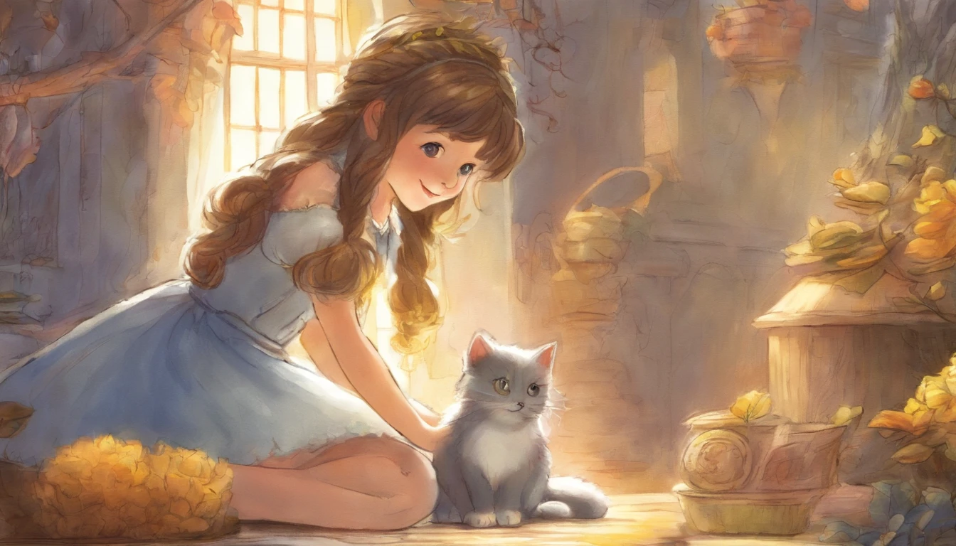 Girl shaking hands with light gray cat's paw in sunny room ars old girl、I have chestnut hair Fantastic and happy feelings watercolor paiting The overall design is classic.、The color is dark yellow Picture book illustrations