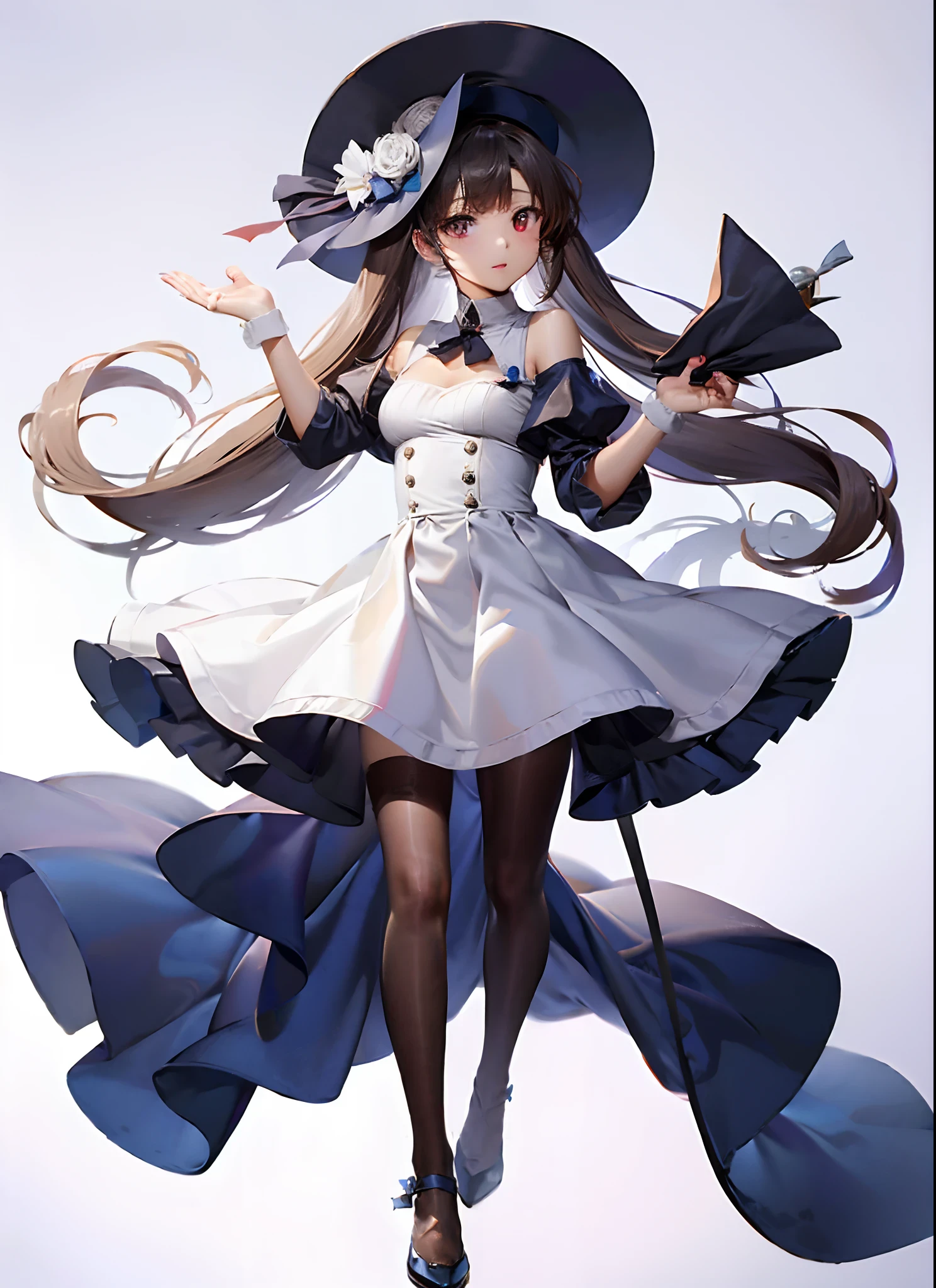 Dressed in a dress and hat, girls' frontline, lunar themed attire, multilayered outfit,Dressed, Full body, full body concept、Soio、Top image quality、with a pure white background、simple background