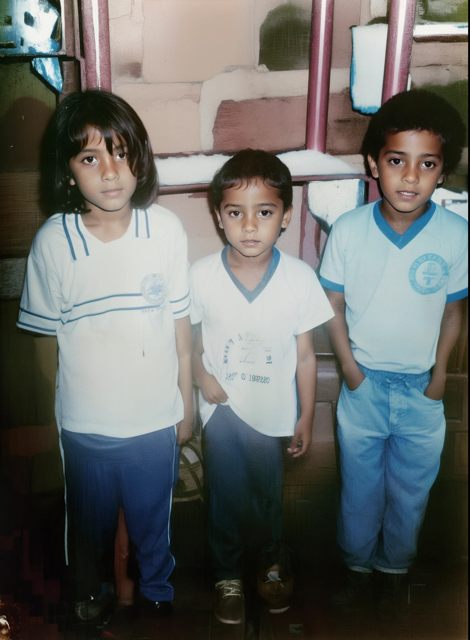 Three children standing next to each other in a room, imagem antiga, Ronaldo Luis Nazario de Lima, em 1 9 8 5, Ronaldo Luis Nazario da Lima, childhood friend, Foto tirada em 1989, Foto dos anos 1980, Foto de 1 9 8 0 s, Jose Miguel Romano Francisca, historical image, foto granulada