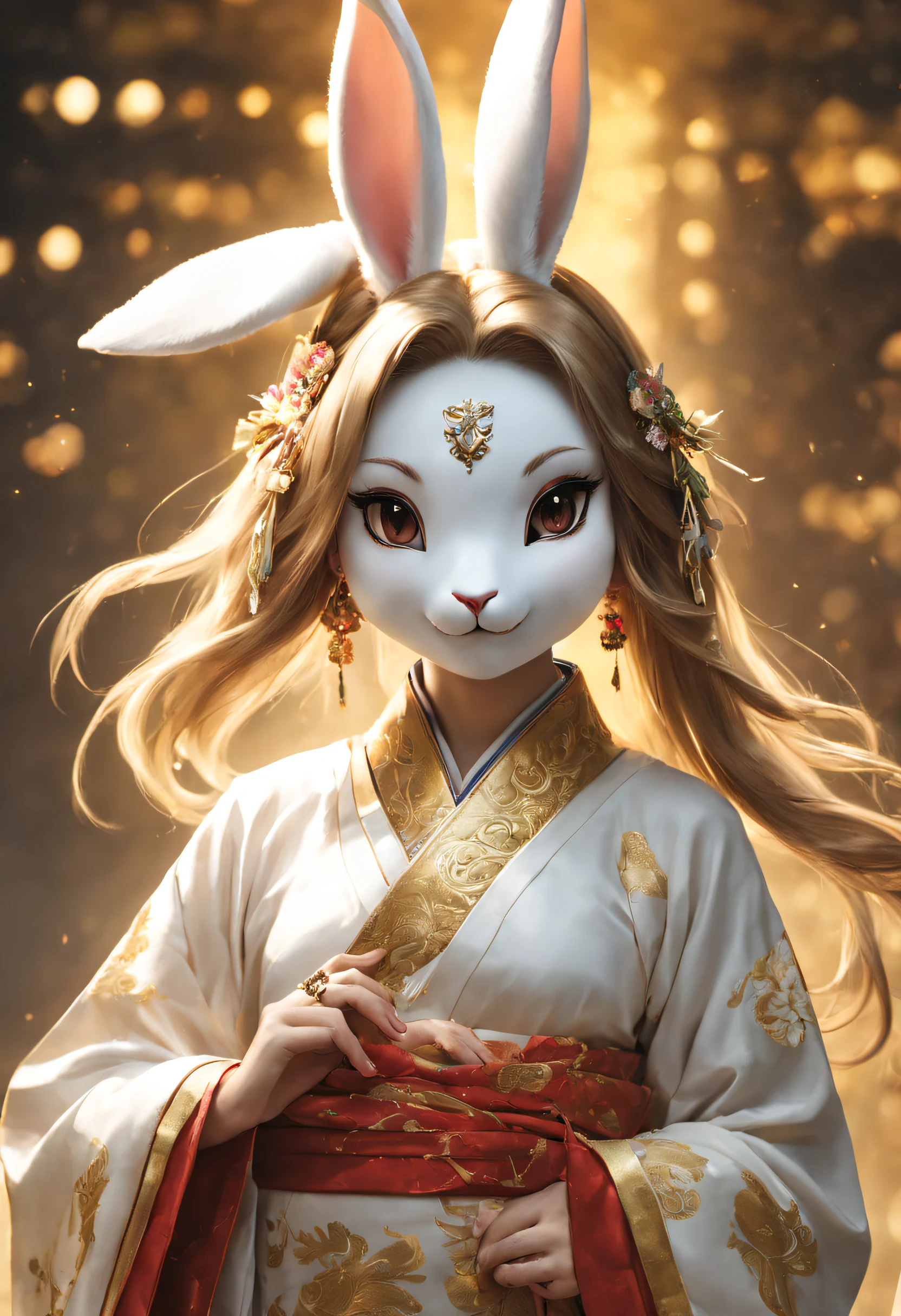 Full body realistic style photo of a Chinese rabbit standing looking viewer, Hands clasped in front, wearing a gold-colored embroidered cranes white hanfu cloth , (((rabbit face and head))), standing looking gently at the viewer, the background is shining and shining, very detailed, trending on the art station , long and very luxurious hanfu dress looks like a goddess descended from heaven, immortal goddes, eternal goddes, sharp focus, studio photo, very detailed, sharp face, sharp subject, detailed subject, furry humanoid, no human head, no human face, animal face , animal heads ,