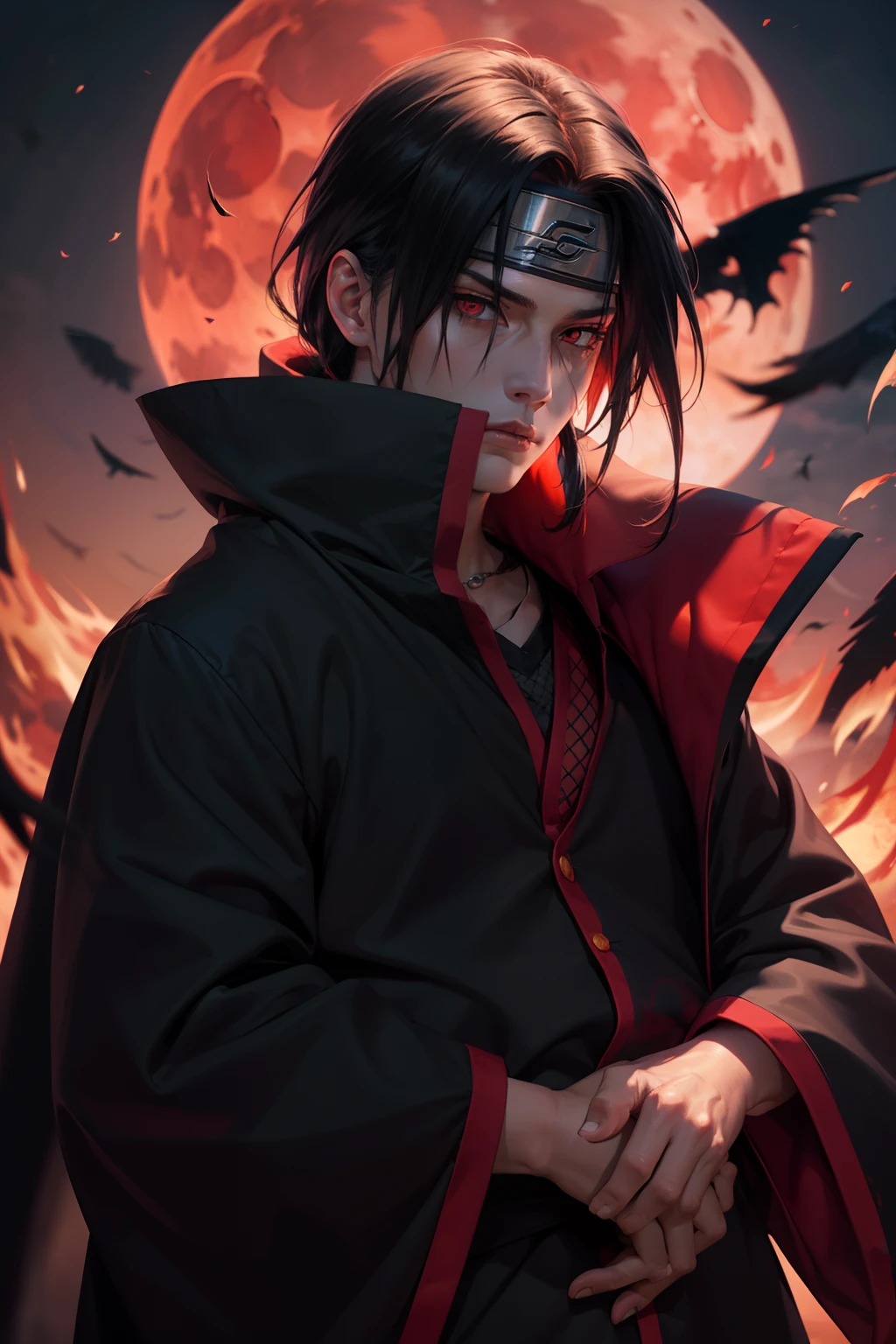 Masterpiece, high detailed, a young man covered in black cape with red cloud drawing or akatsuki robe from naruto, itachi uchiha, red eyes, upper body, shinobi, Konoha headband, red moon in the background, red theme, from naruto, long hair, covered in red flame