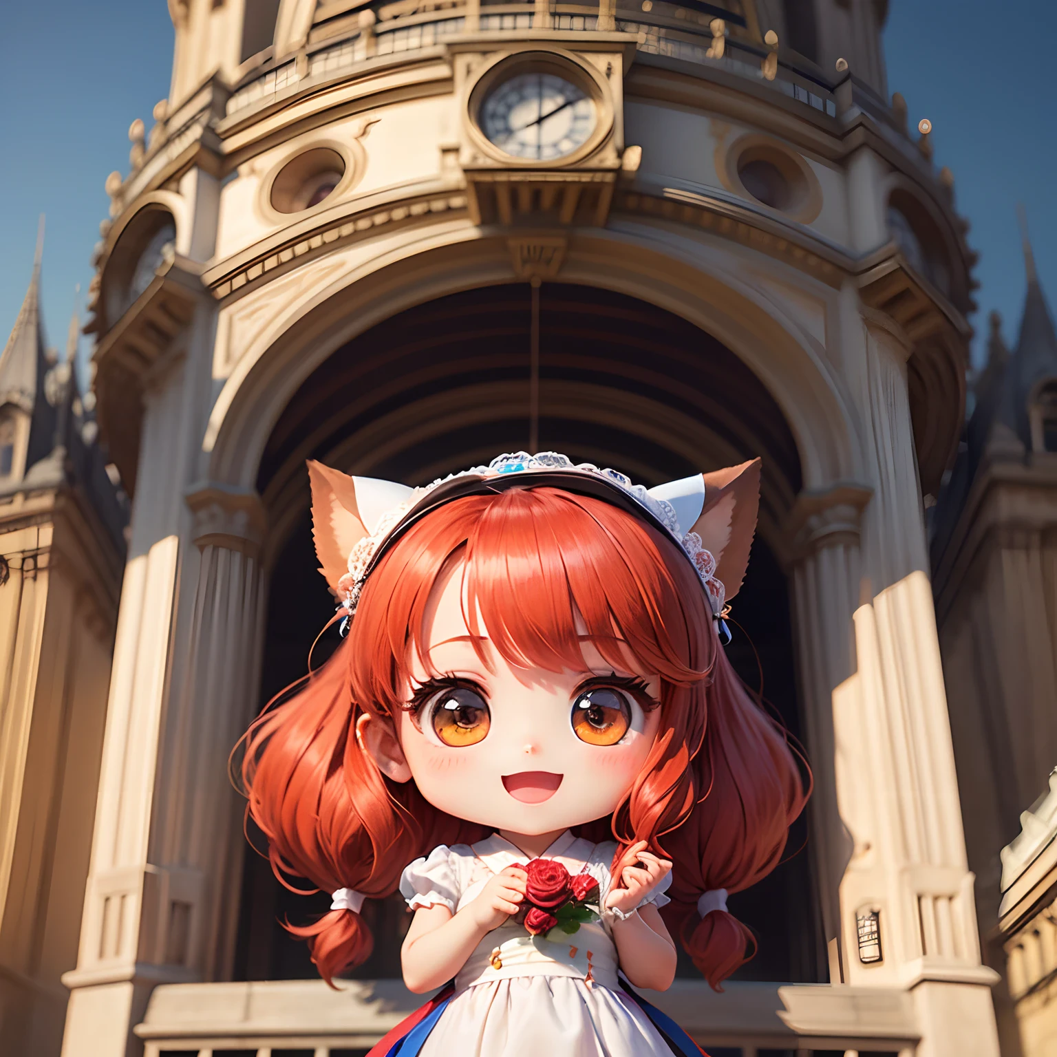 ​masterpiece、top-quality、ultra-detailliert、(Chibi Chara's Daughter:1.2)、Red long hair ponytail with Japan style rose headdress、White lace dress、full bodyesbian、Open your mouth and smile、Stand at the top of Big Ben in England